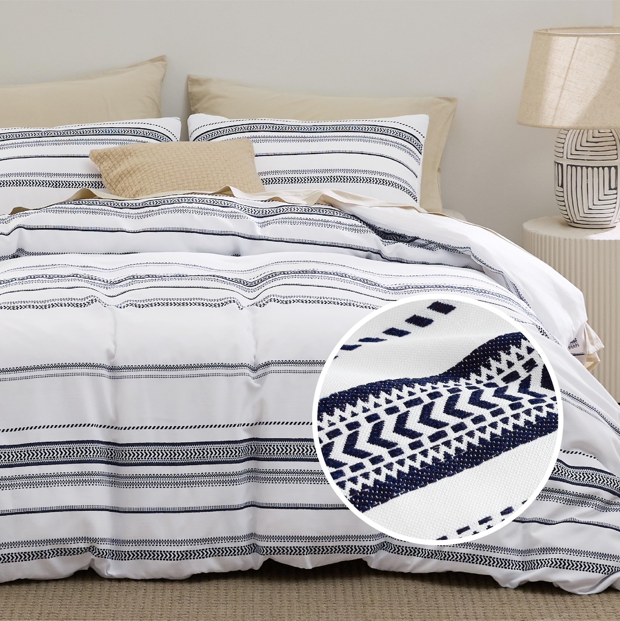 Bedsure Boho Duvet Cover - Boho Bedding Duvet Cover Set for All Seasons, Shabby Chic Jacquard Duvet Cover (White&Navy,Striped,King Size,104"x90")