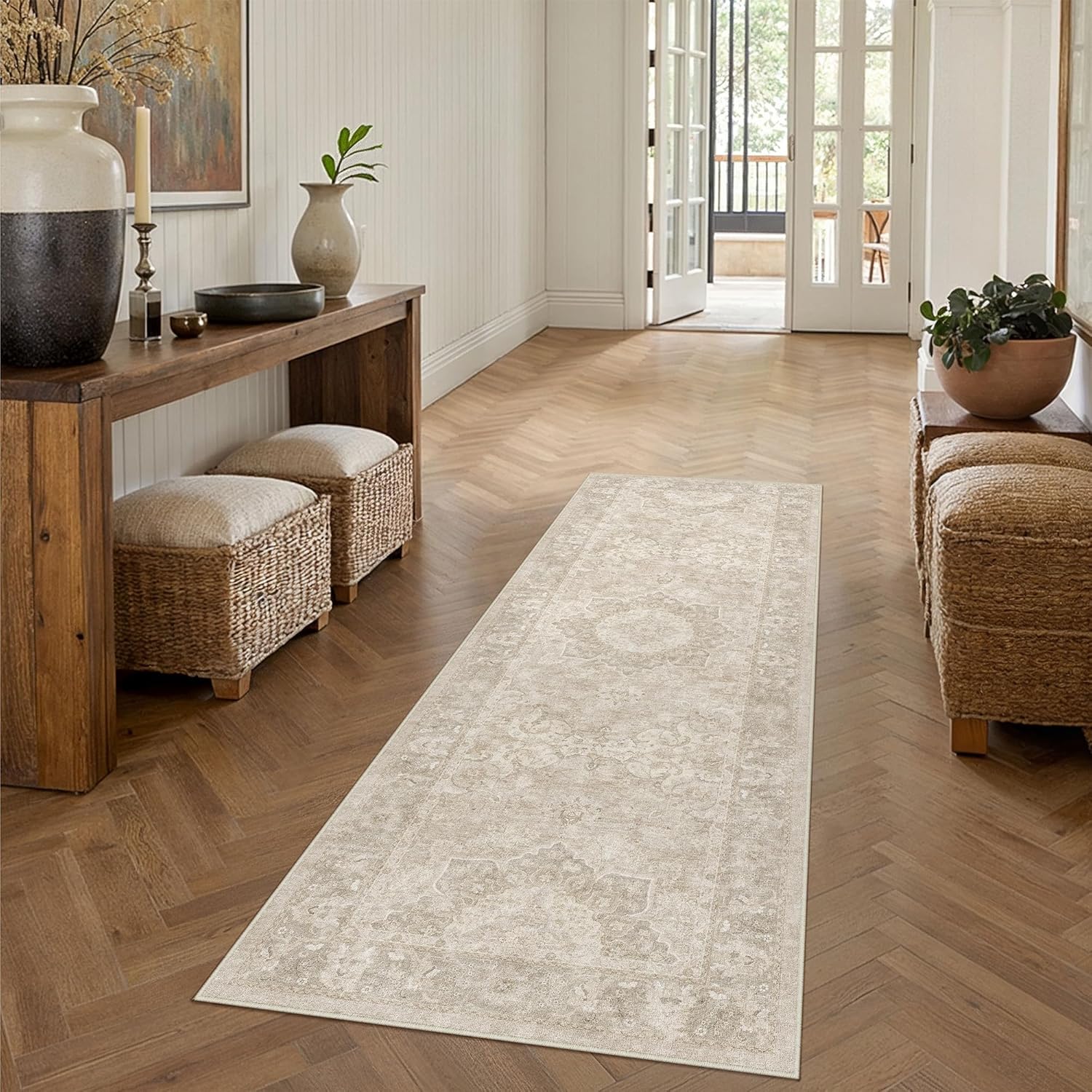 PureCozy Beige Runner Rug 2x6 Hallway Washable Vintage Carpet for Kitchen Non Slip Soft Low Pile Indoor Retro Oriental Medallion Accent Throw Long Rug Rug for Bathroom Laundry Dining Room