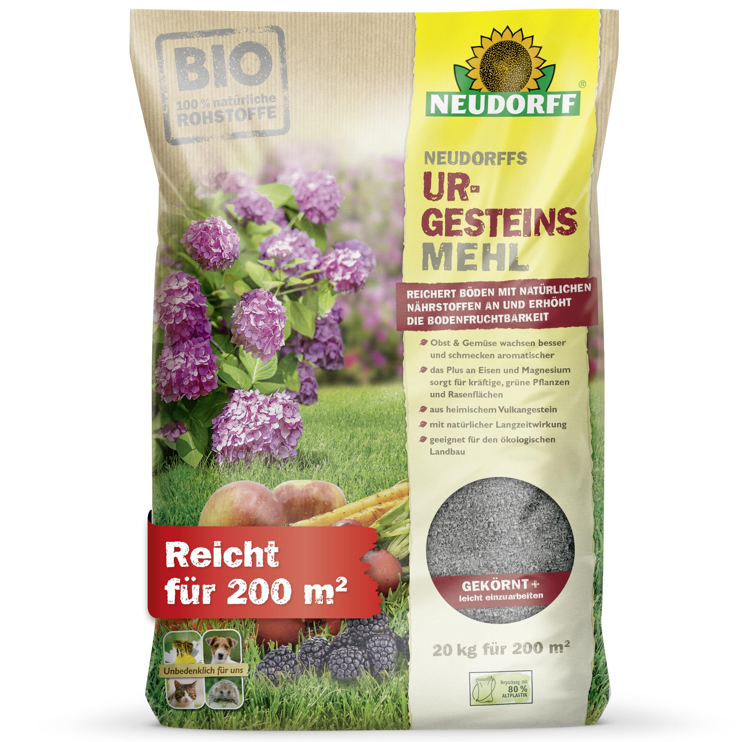 NeudorffPrimary Rock Flour - Natural Diabase Rock Flour with Natural Long-Term Effect for Soil Improvement for All Soil Types, 20 kg for 200 m²