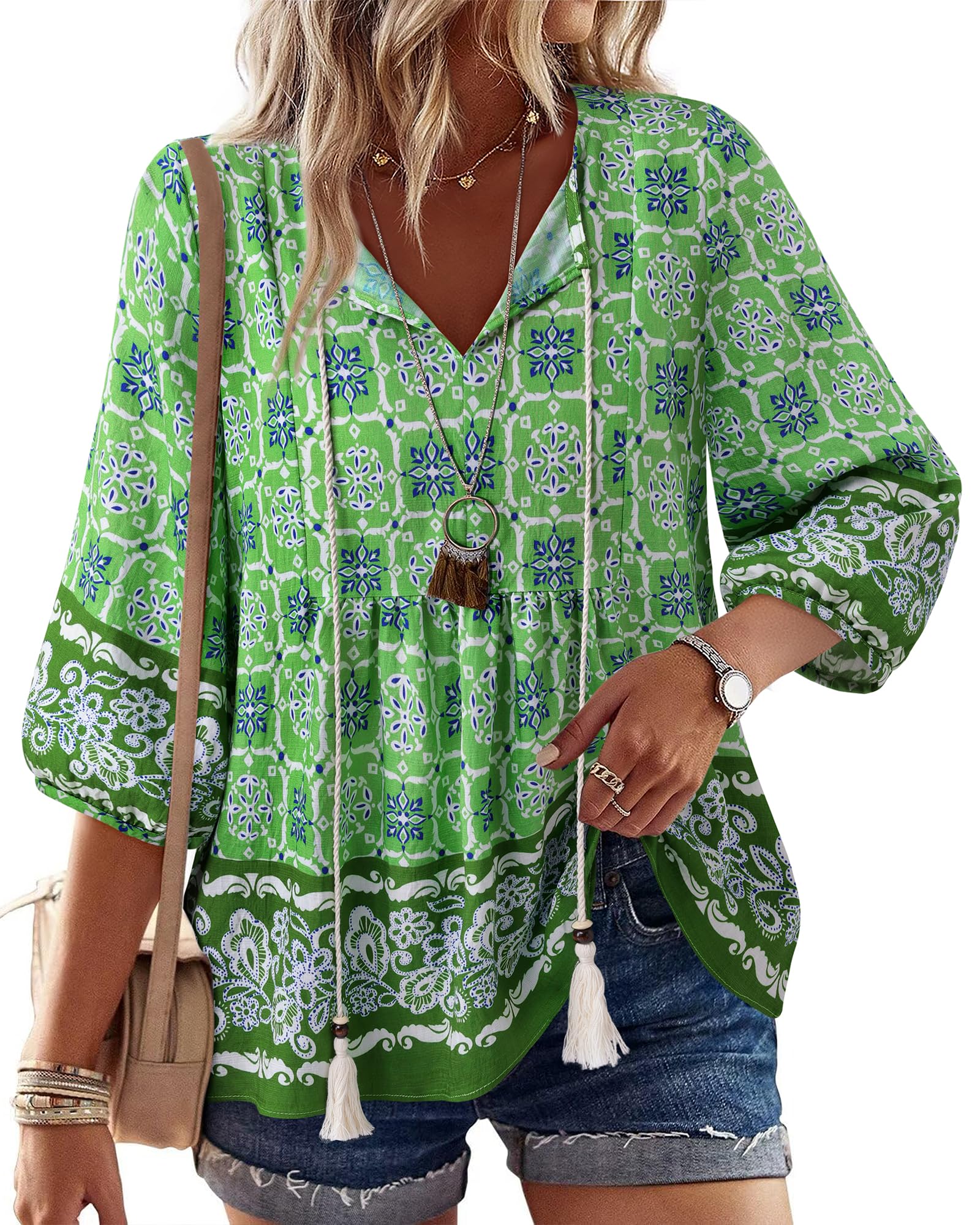 Vivilli Womens Summer Boho Babydoll Tops 3/4 Sleeve Pleated Peplum Blouses Casual V Neck Tie Front 2026 Tunic Tops
