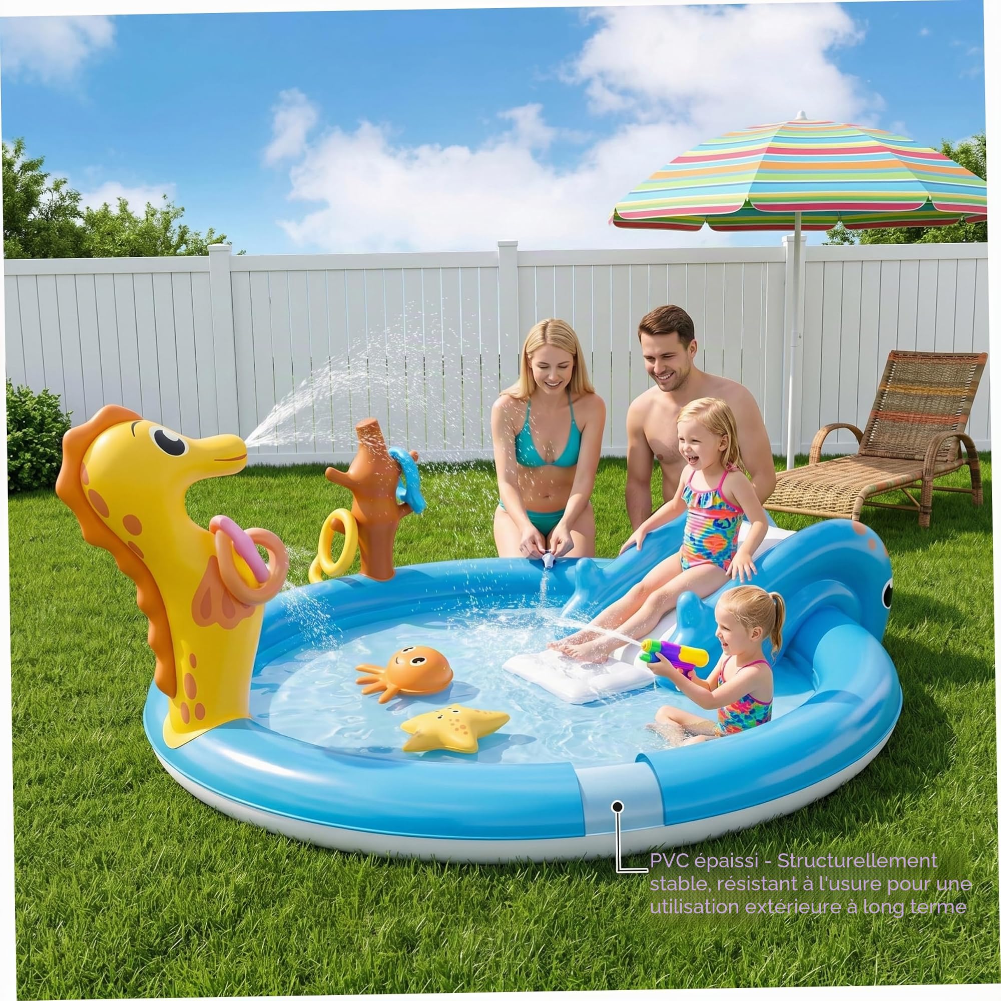 Piscine Gonflable pour Enfants avec Toboggan – Piscine pour Enfants en PVC épais avec arroseur intégré, Grand imprimé Animal Marin pour s'amuser en Plein air