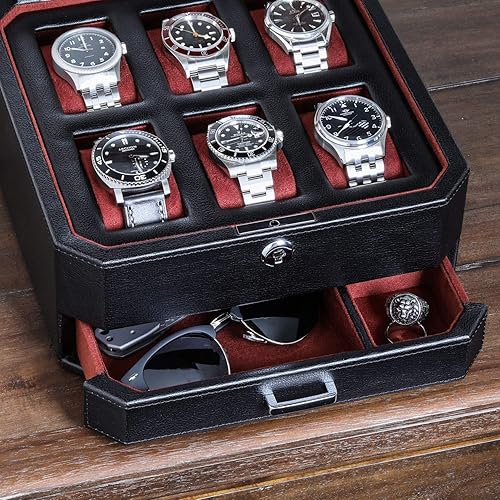 Miniatura 6 de ROTHWELL Caja de reloj de cuero con 6 ranuras y cajón de valet, organizador de exhibición de lujo para relojes, forro de microgamuza, soporte para