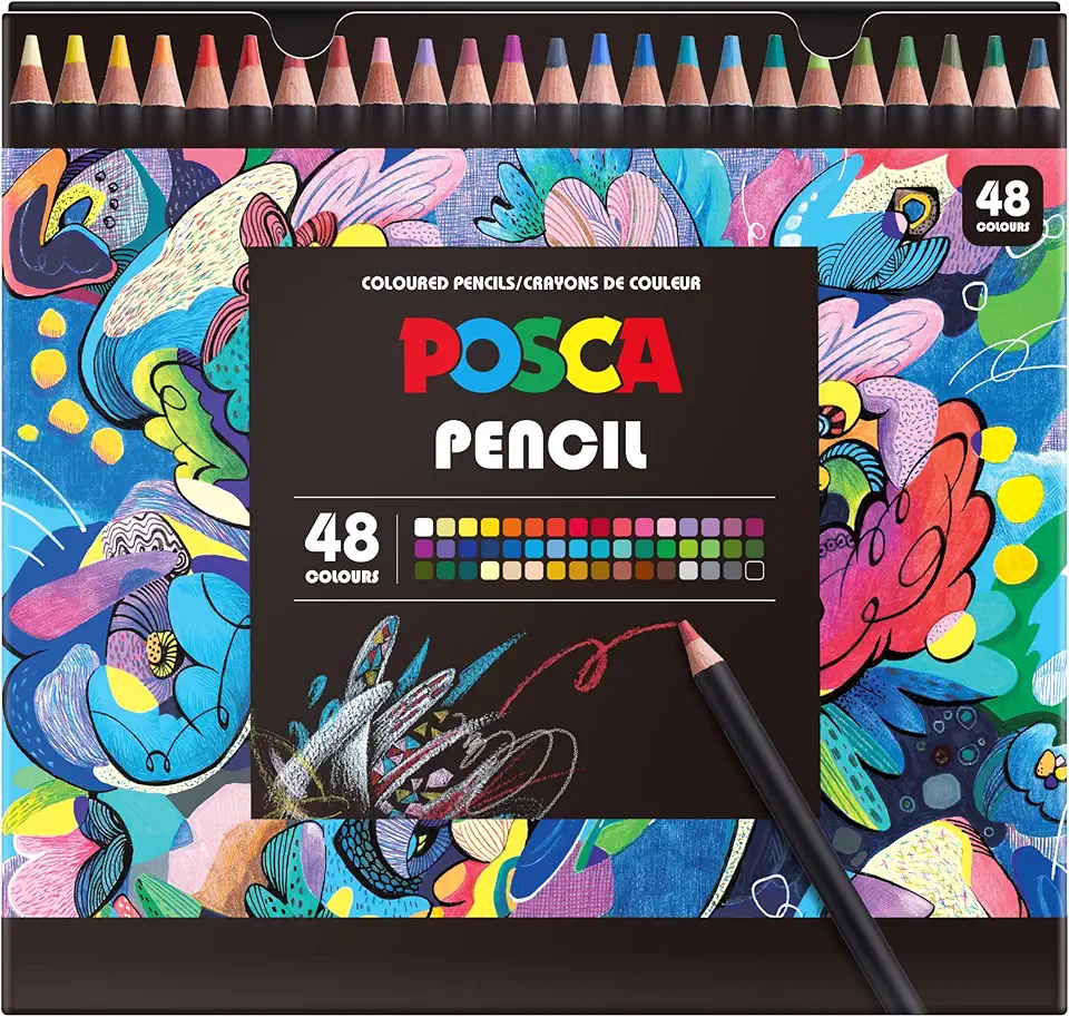 Posca Lápis de cor, núcleo macio, cores sortidas, 48 unidades - durável, vibrante, ultra-suave, para colorir para adultos, desenho, esboços, artes e artesanato