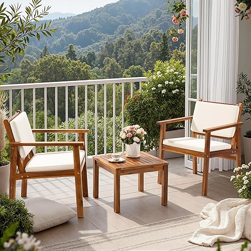 Flamaker Patio Chairs 3 Piece Acacia Wood Patio Furniture with