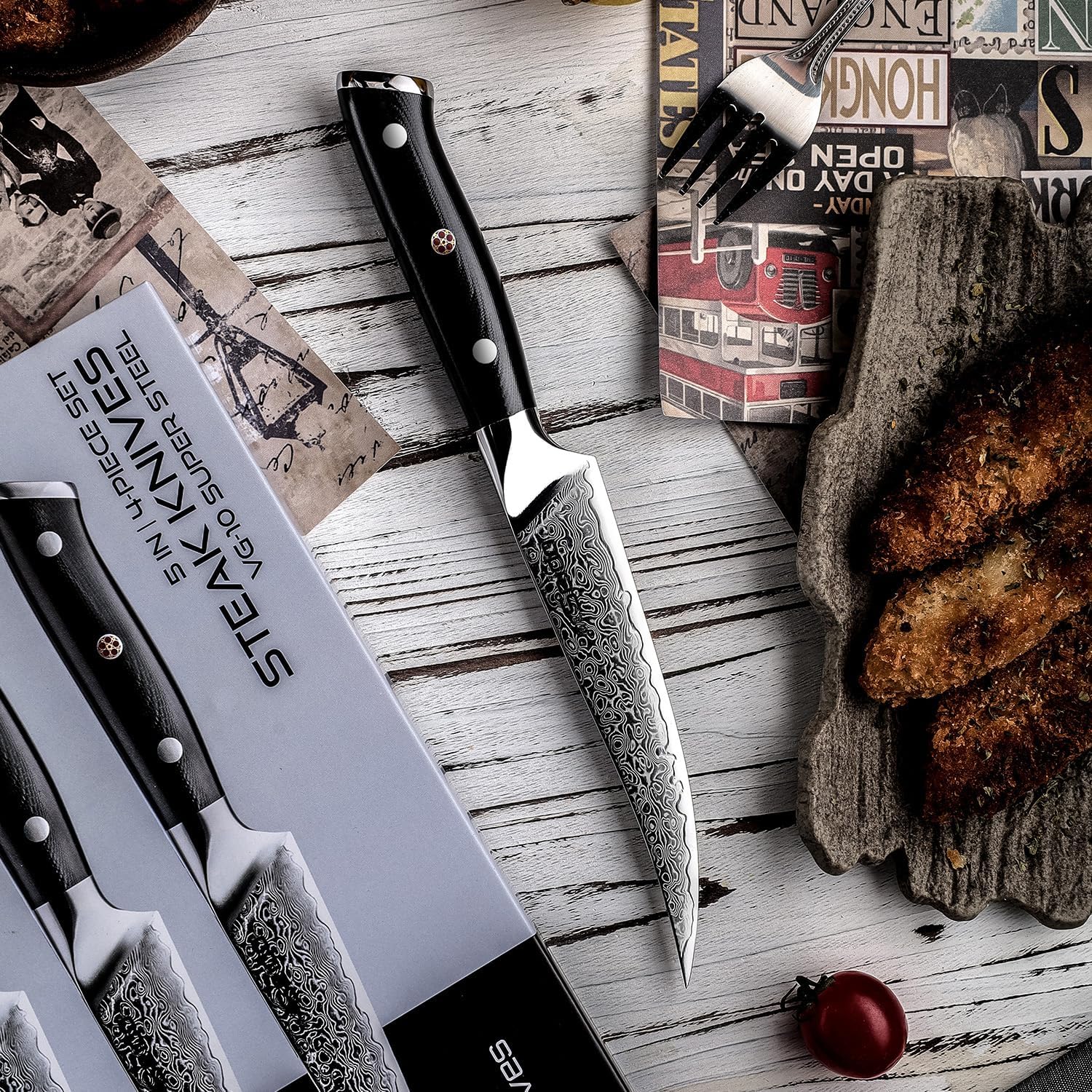Seido Knives Shujin 8-Piece 5-Inch Steak Knife Set – Damascus Steel with Ergonomic G10 Handles
