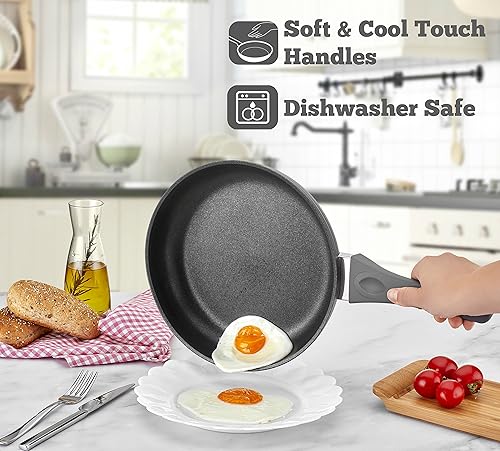 Miniatura 4 de SAFLON Juego de sartenes antiadherentes de titanio de 8 pulgadas y 9.5 pulgadas, aluminio forjado de 0.157 in con revestimiento resistente a los