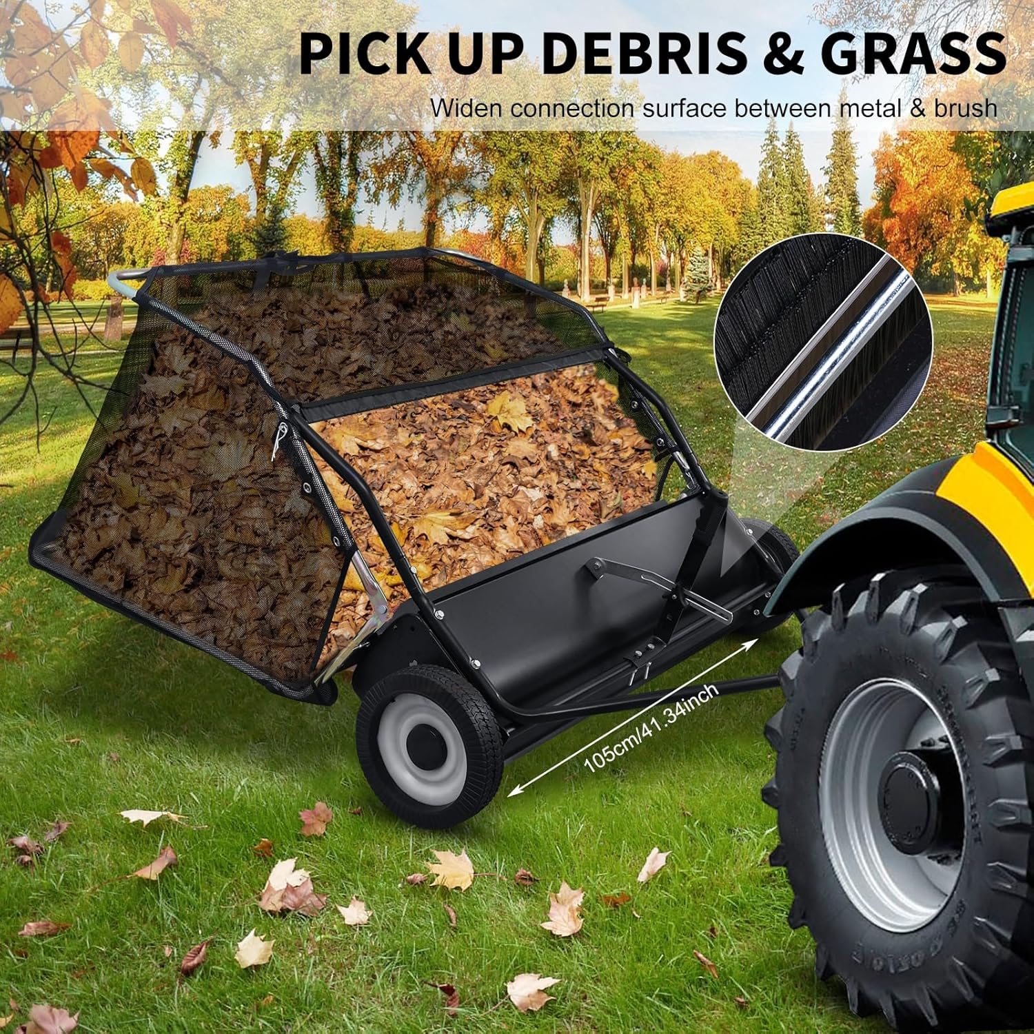 44" Tow Behind Lawn Sweeper Pull Behind Grass Sweeper with 25 cu. ft Large Heavy Duty Leaf & Grass Collector for Lawn and Yard Cleanup Tool Black（US Fast Arrival）