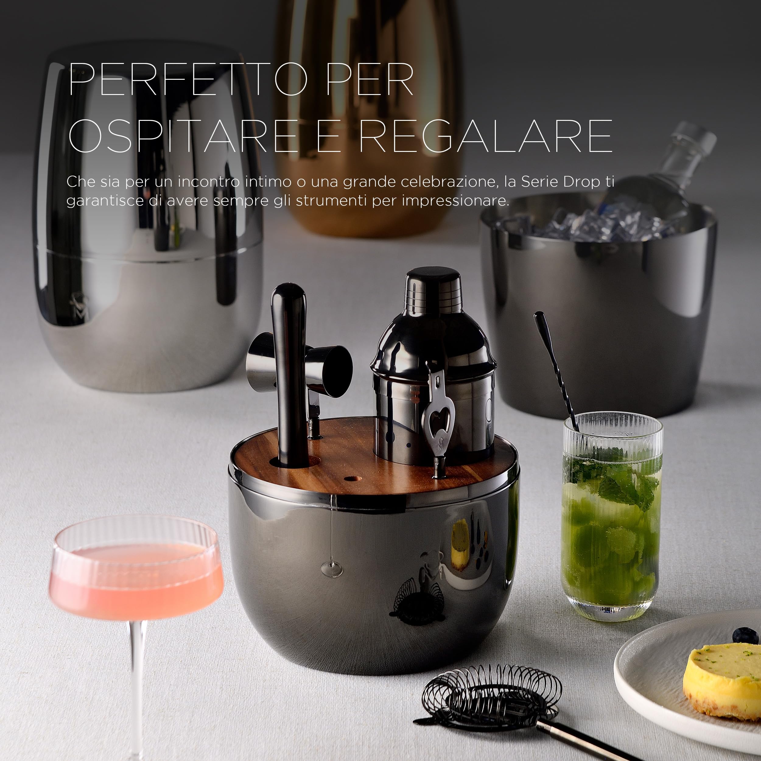MasterPRO THE DROP - Set da cocktail di design in 6 pezzi in acciaio inox - Elegante, resistente e multifunzionale - Idea (Natale, Pasqua, matrimonio) - Scatola regalo inclusa