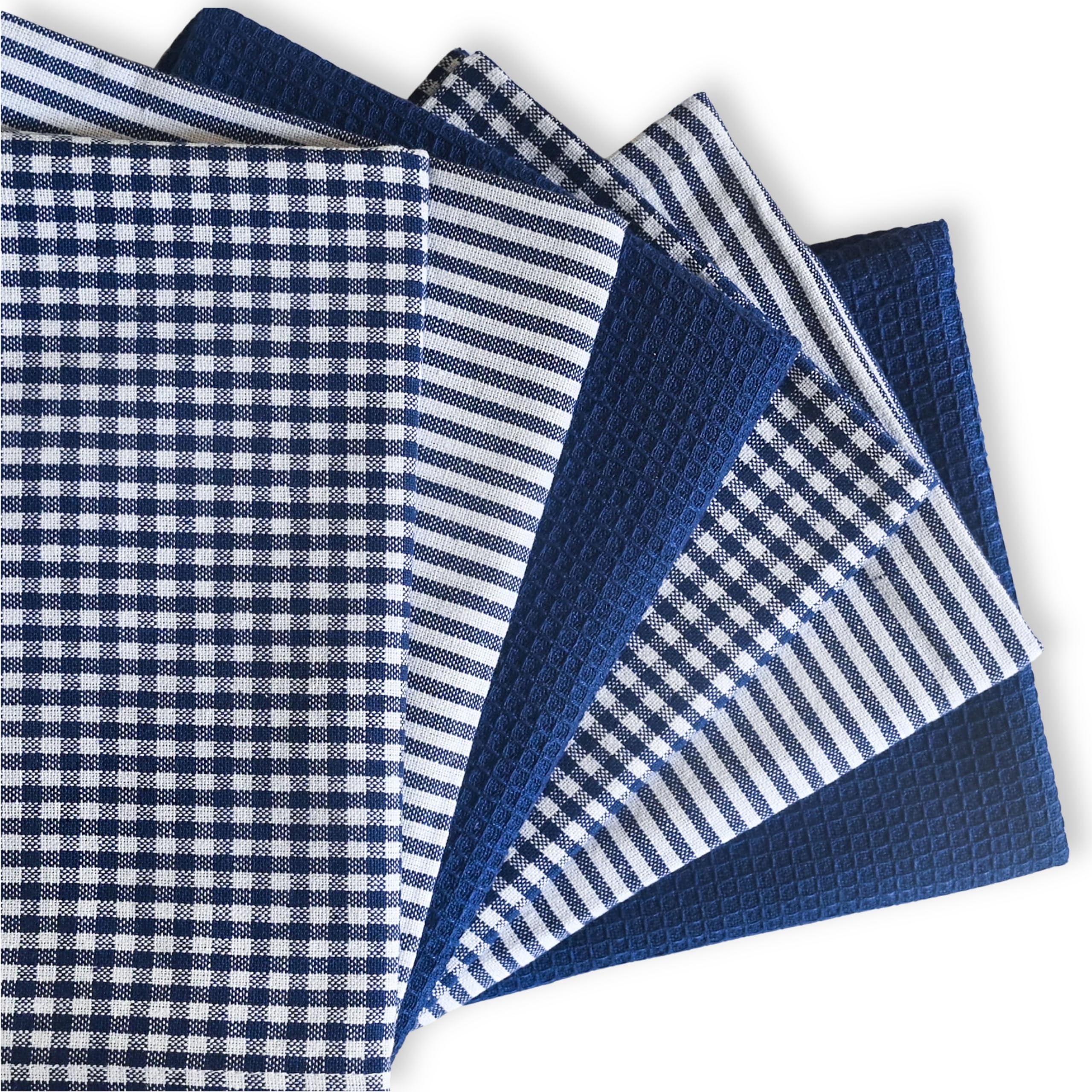 Cotton Dish Towels For Kitchen Drying - Highly Absorbent Navy Blue Striped Gingham Plaid Tea Towels - 18"X28" Set Of 6 Farmhouse Linen Dishtowels In