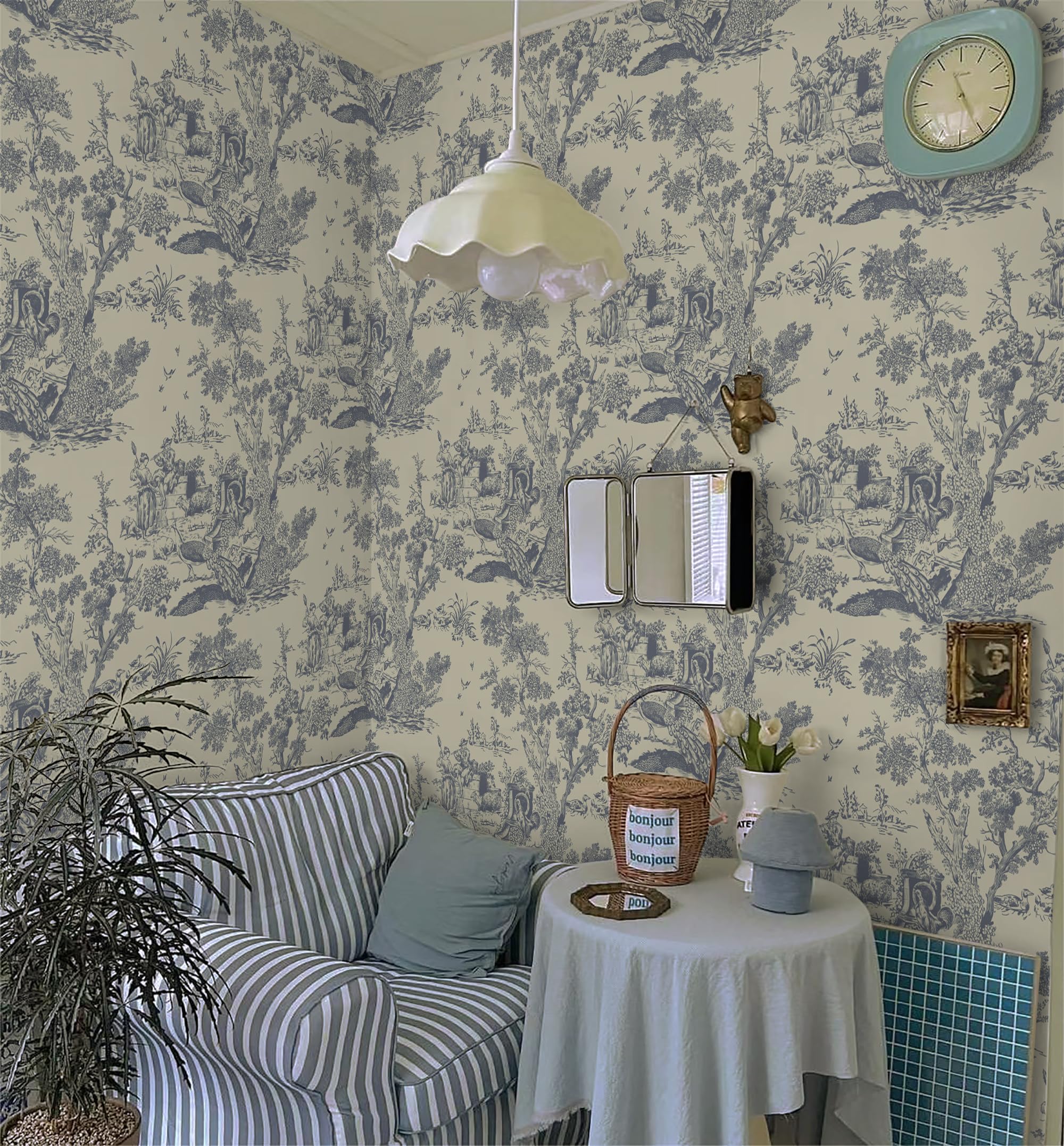 Papel tapiz autoadhesivo azul y beige, 41 cm x 10 m, papel tapiz vintage para despegar y pegar, papel tapiz de árbol y animales, papel tapiz de vinilo impermeable para sala de estar, muebles de