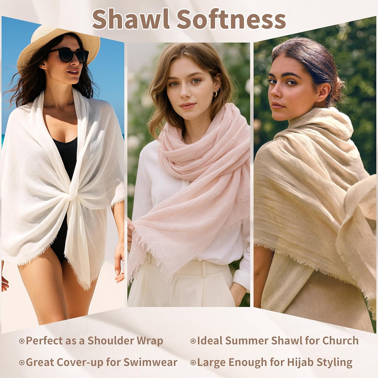 Summer Shawls for Women Lightweight, Large Long Linen Travel Scarf for Beach, Plain Gauze Wrap, 3 Colors - Image 5