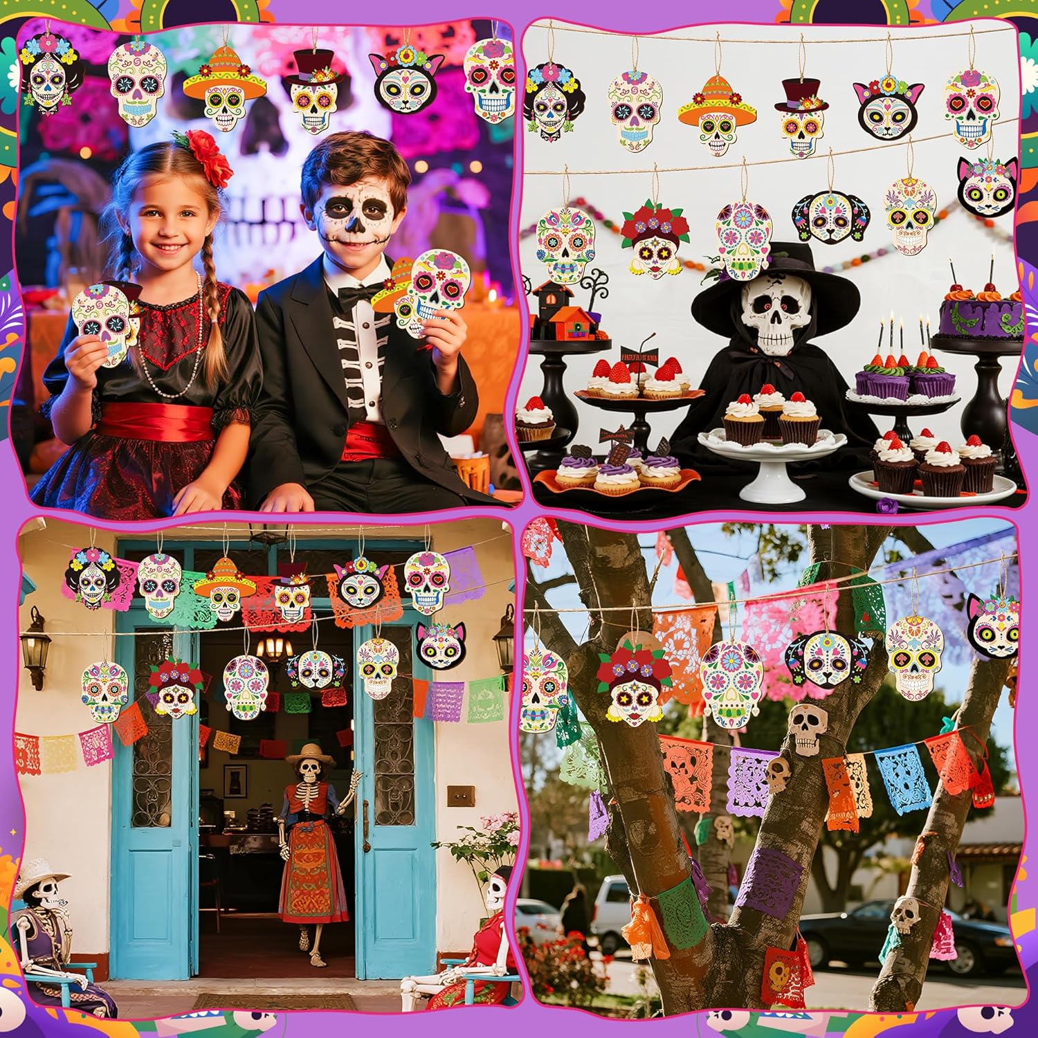 TICIAGA 60Pcs Day of The Dead Wooden Skull Cutout with Coloring Pen and Rope Craft Kit for Kids, DIY Unfinished Sugar Skull Ornaments Hanging Decor for Mexican Fiesta Festival Halloween Party Supplies