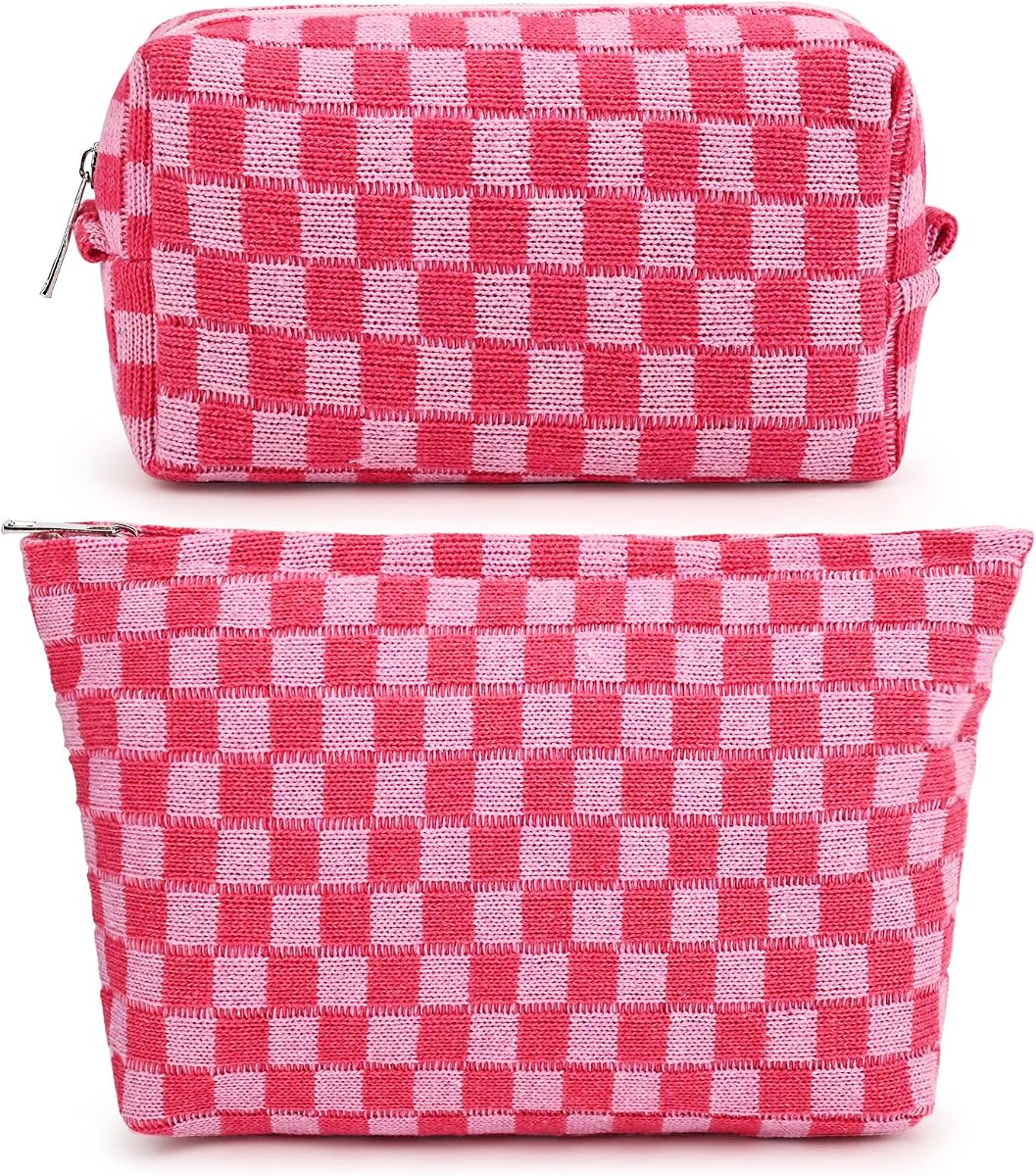SOIDRAM Bolsa de Maquillaje de 2 Piezas Bolsa de Cosméticos Grande a Cuadros Capacidad Mezcla de Lona Neceser de Viaje Organizador Lindos Pinceles de Maquillaje Accesorios Estéticos Bolsa de Almacenamiento para Mujeres, Mezcla de Cuadros Rosa Rojo