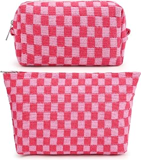 SOIDRAM 2-Pack Large Checkered Makeup Bags Rose Red - Canvas Travel Cosmetic Toiletry Organizers for Women