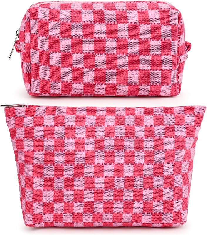SOIDRAM 2 Necessaires de Maquiagem em Lona com Zíper, Estampa Xadrez Mix Rose Red
