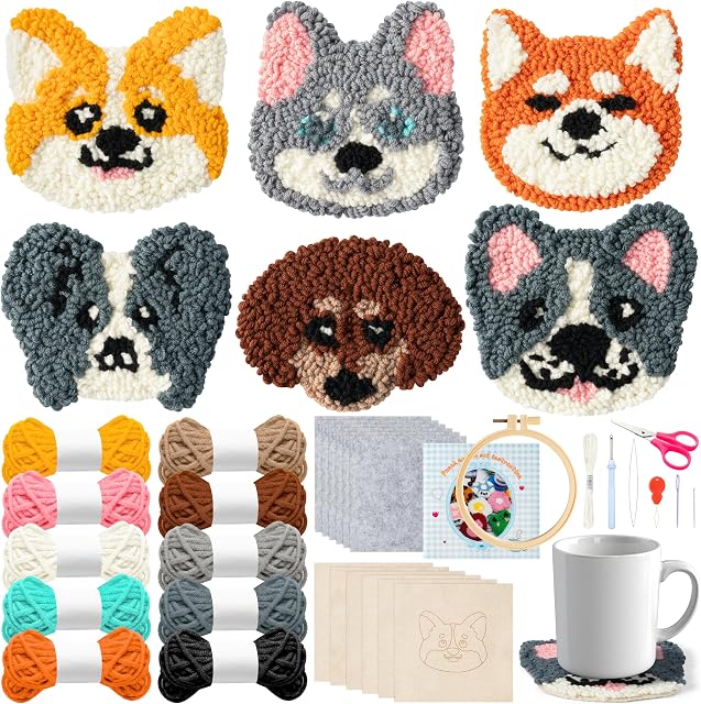 WATINC Puppy Punch Needle Coaster Kit - 6 Patterns Dog Punch Needle Embroidery Craft Kit, DIY Felting Coaster for Adults Beginners with Adhesive Yarns Fabric Felt Hoop Tools Instruction