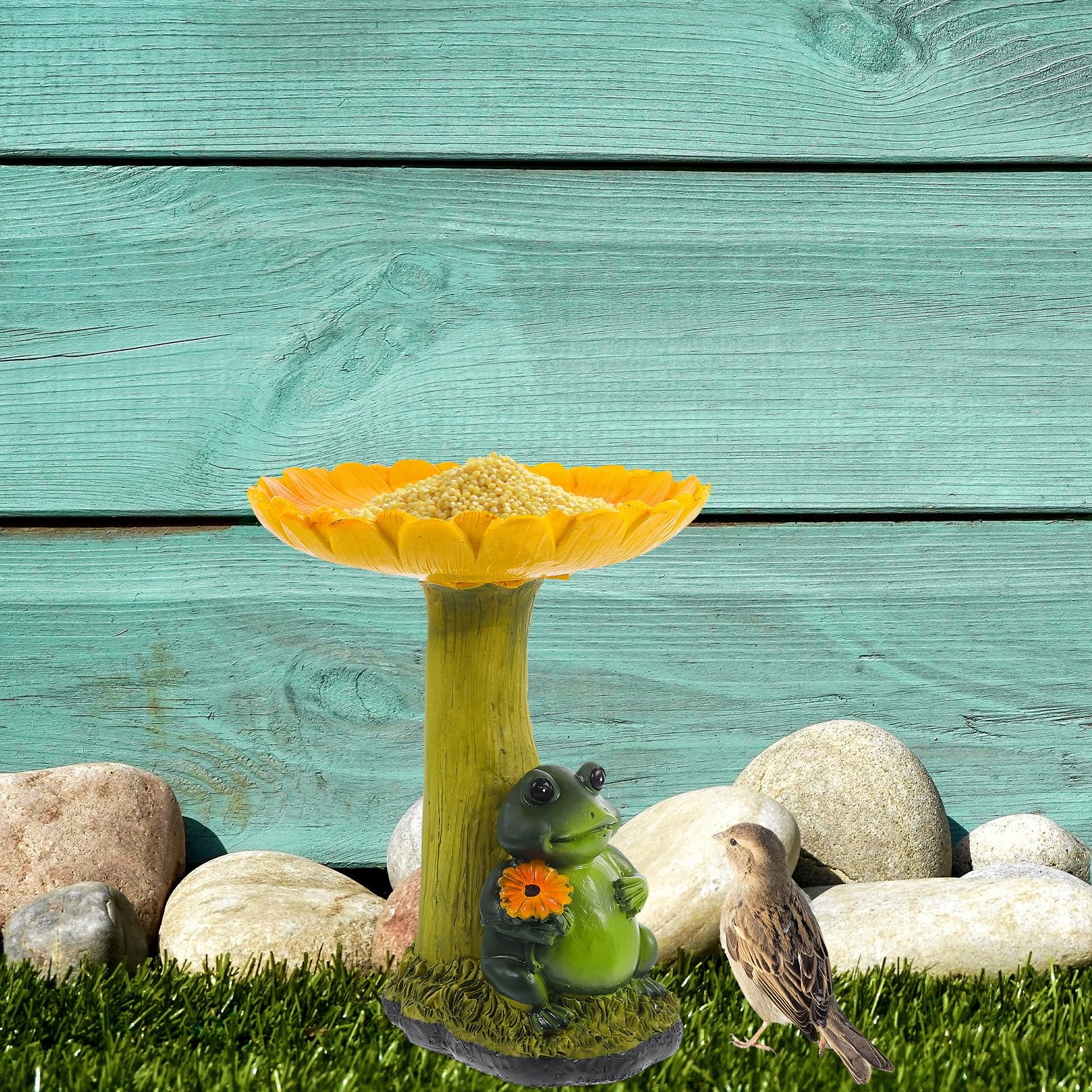 GLEAVI Baño para Pájaros de Resina Diseño de Girasol, Pequeño Comedero para Pájaros de Plataforma, Decoración Multifuncional para Jardín y Patio, Figura Decorativa Resistente