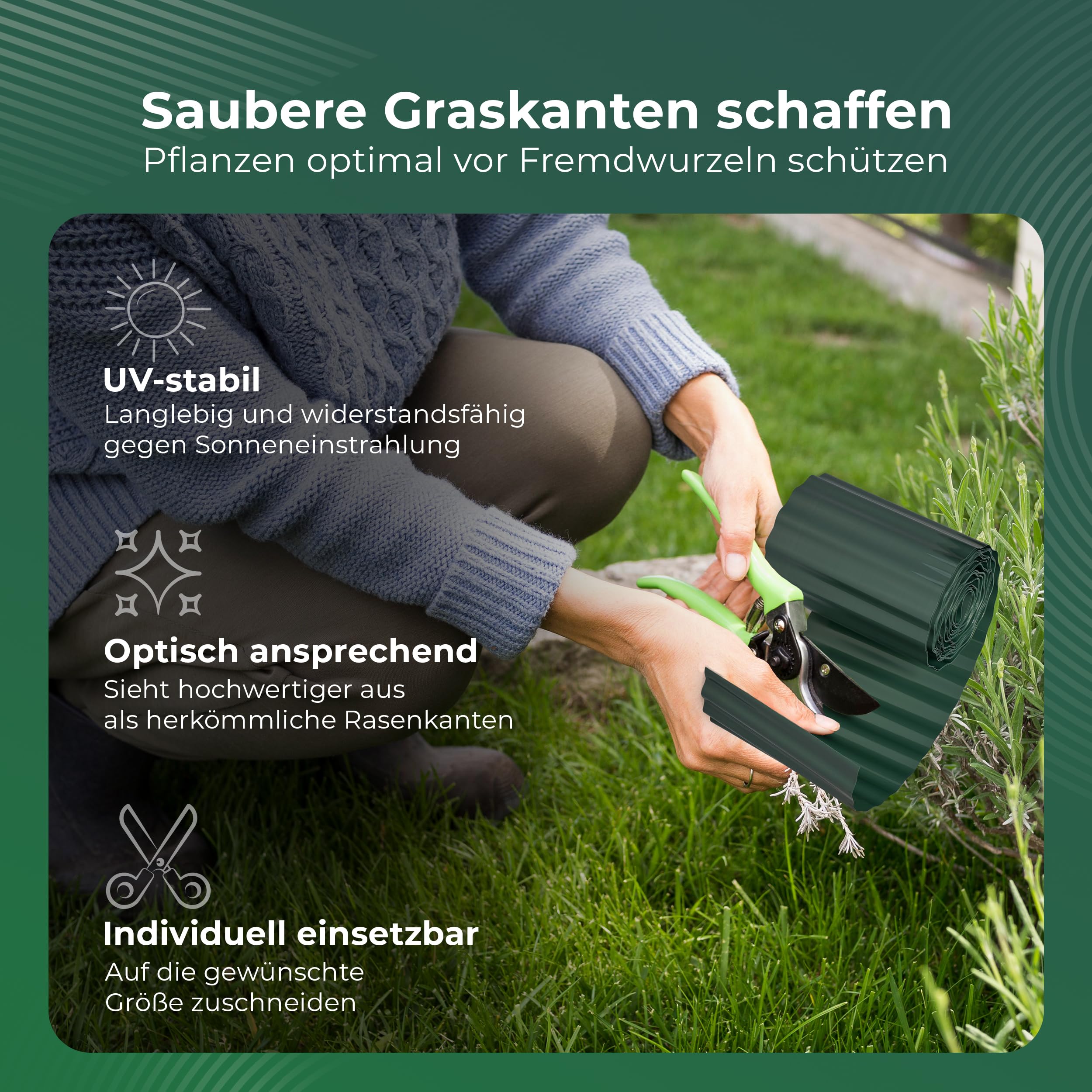 Novatool Borde de Plástico para Césped, 15 cm de Alto, 3 x 9 m, Verde - Borde Cortado para Jardín y Arriates, Protección y Barrera para Raíces