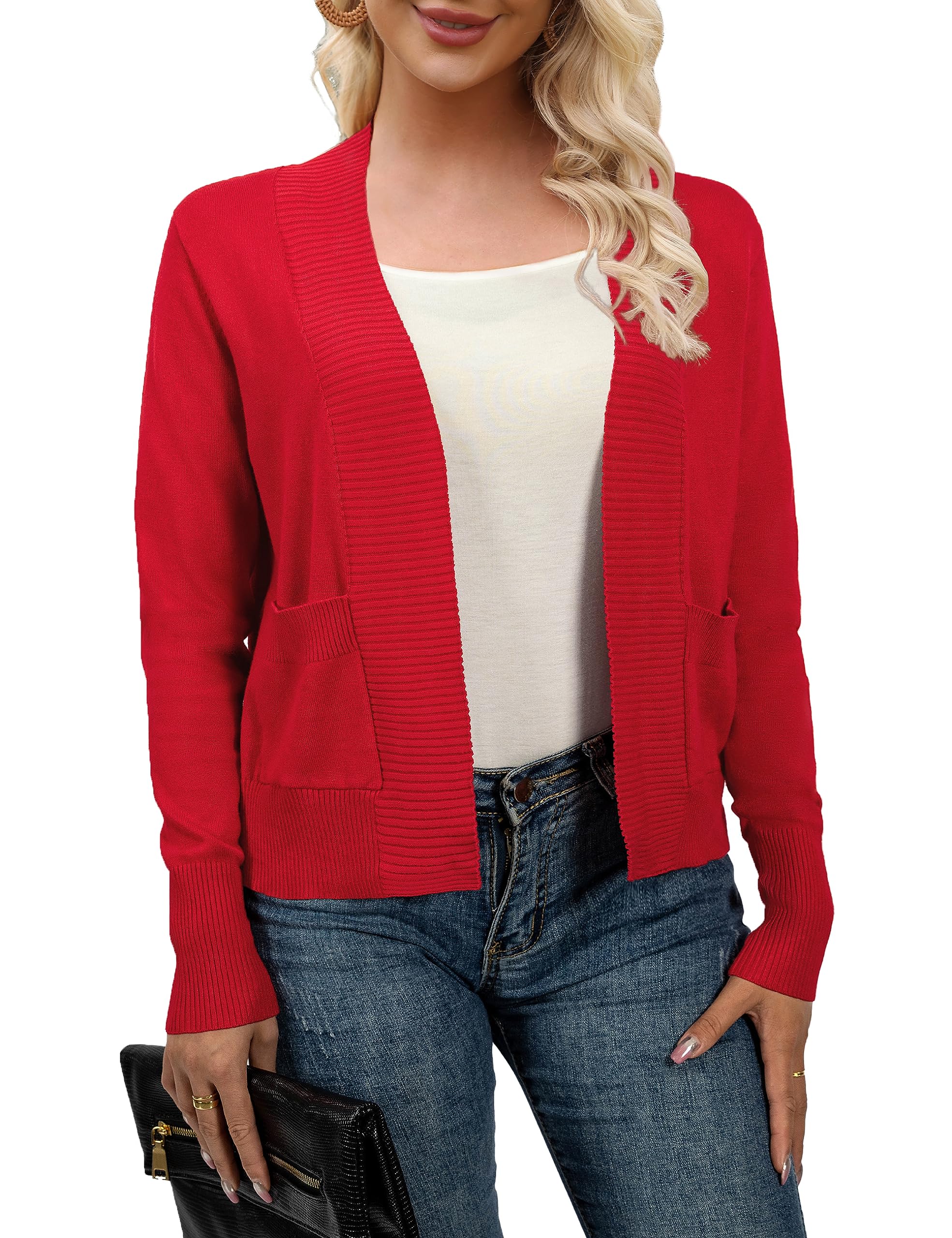 AAMILIFE Women’s Long Sleeve Cardigan Knit Sweaters Bolero Open Front Short Shrugs Cropped Cardigan with Pocket