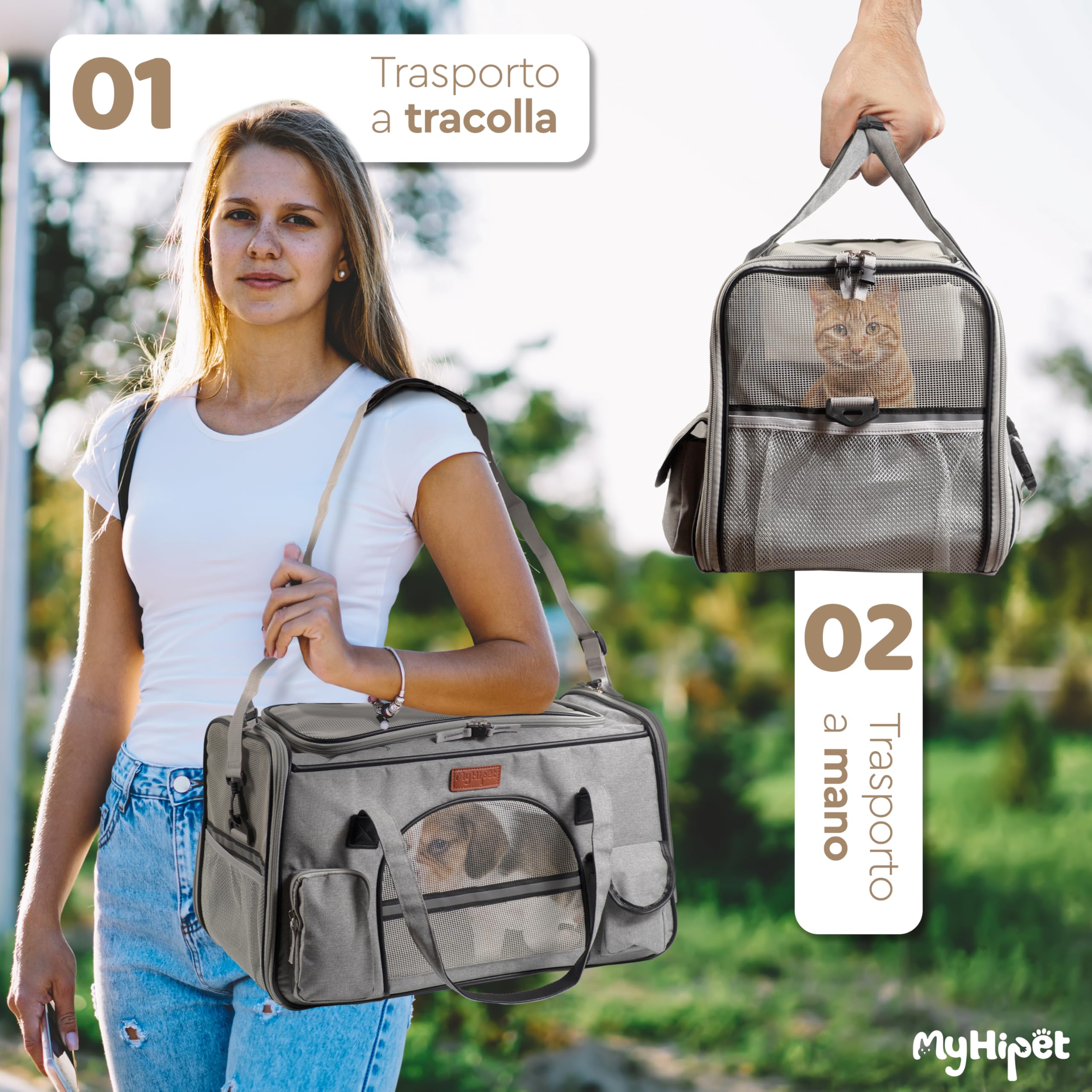 Trasportino per Gatti e Cani Grande in Oxford 300D - Trasportino per cani Auto Ideale anche per Viaggi Aerei - Misura 48x28x30 cm (Grigio)