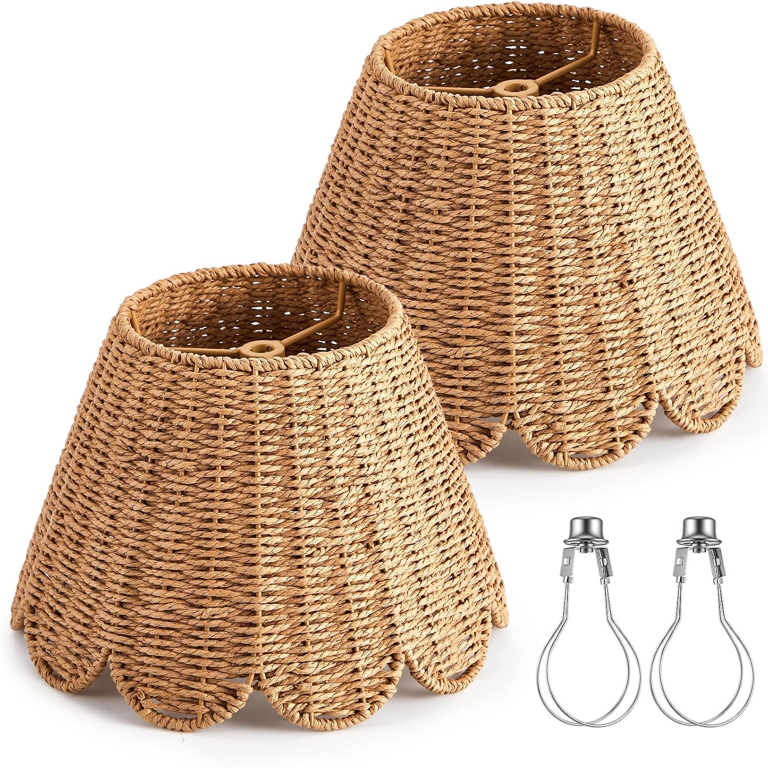 Lewtemi 2 Small Lamp Shade, 5.5" Top x 10" Bottom x 6.6" High,Scalloped Lamp Shade for Table Lamps, Empire Boho Lampshade Replacement Spider,Clip on Adapters Included(Woven,Paper Rope,Natural)