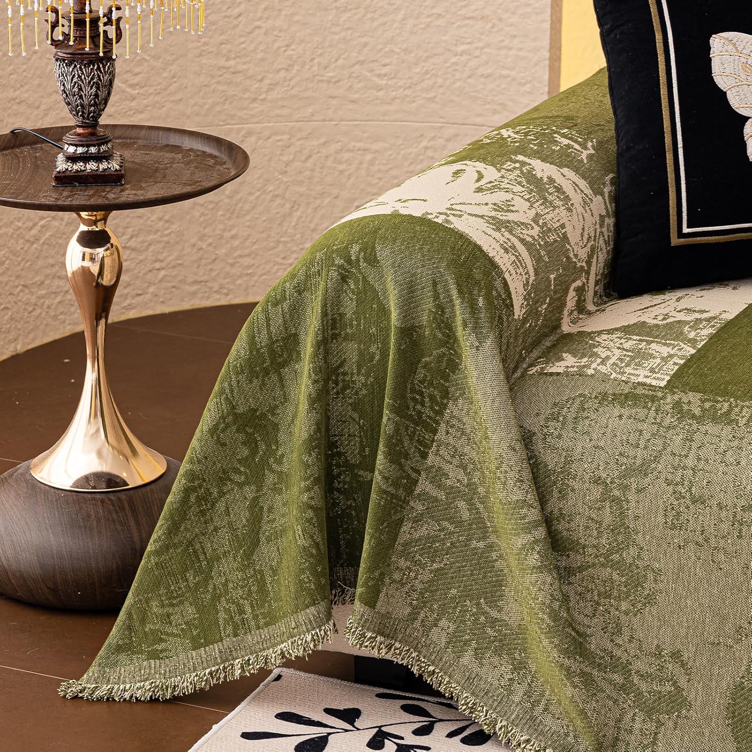 DREAMINGO Vintage Boho Couch Cover Abstract Farmhouse Style Sofa Covers Green Beige Patchwork Couch Cover Blanket Multi-Texture Chenille Couch Covers Washable Furniture Protector 71"x150"