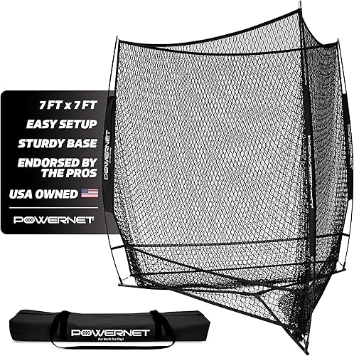 Miniatura 1 de PowerNet Red de entrenamiento de béisbol de triple amenaza, red de bateo o lanzamiento de 3 vías de 7 pies x 7 pies, cubre 147 pies cuadrados,