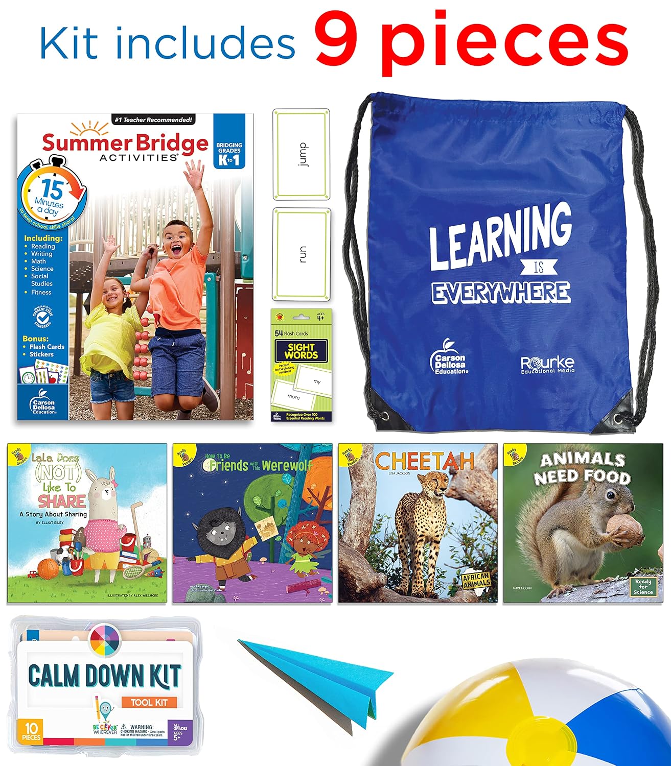 Summer Bridge Activities K-1 Bundle, Ages 5-6, Math, Reading Comprehension, Writing, Summer Learning 1st Grade Workbooks, Sight Word Flash Cards, Calming Corner Kit, Children's Books, Drawstring Bag image 2