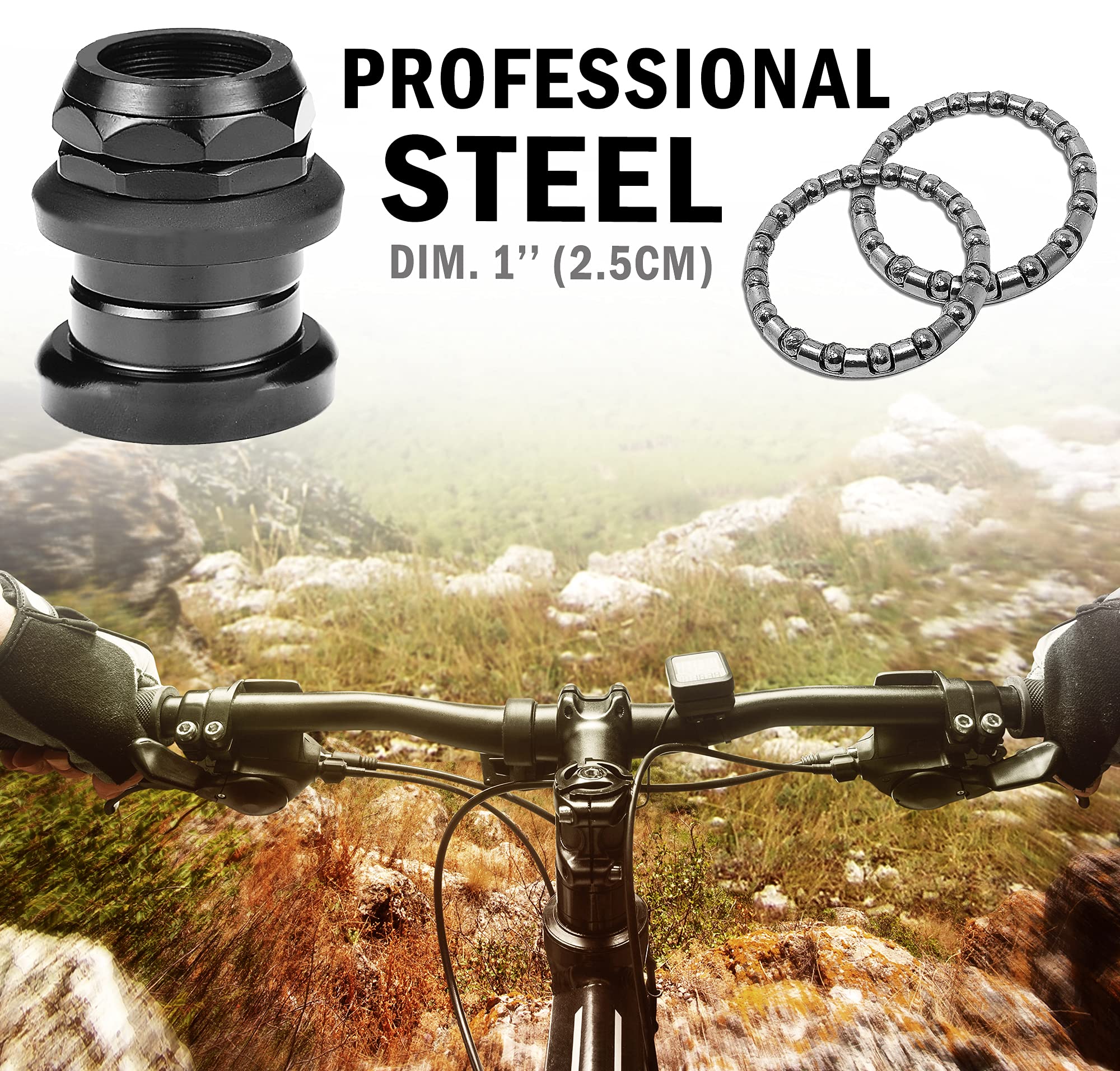 IBK Headset Serie Sterzo Nero 1'' (2,5cm) a Filetto Standard Cuscinetti per Biciclette - per Bici Pieghevole, Mountain Bike, Epoca