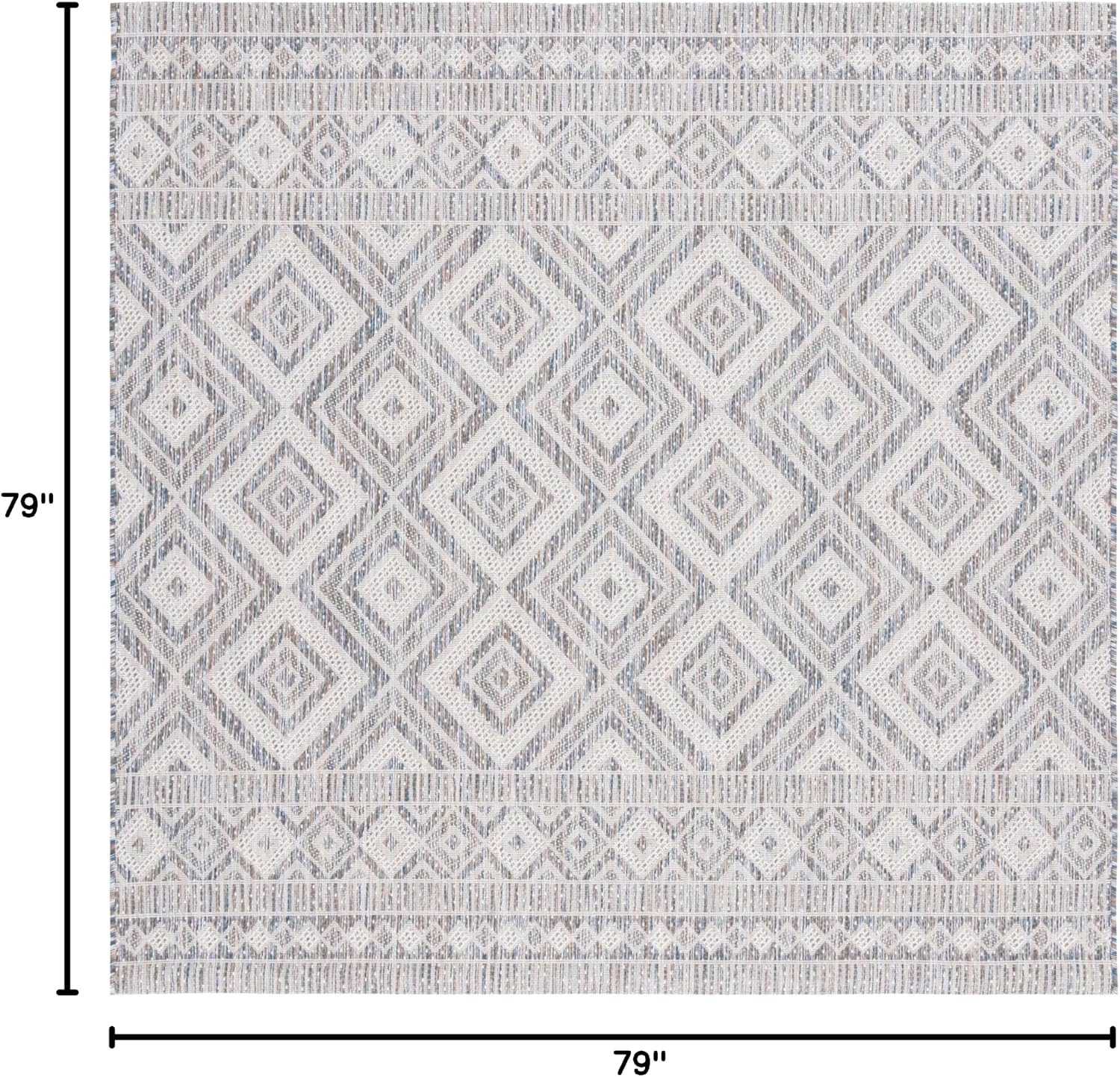 SAFAVIEH Washable Rug Outdoor Courtyard Collection - 6'7" Square, Ivory Blue & Beige, Non-Shedding & Easy Cleaning, Ideal for Patio, Backyard, Mudroom (CY8998-59221)