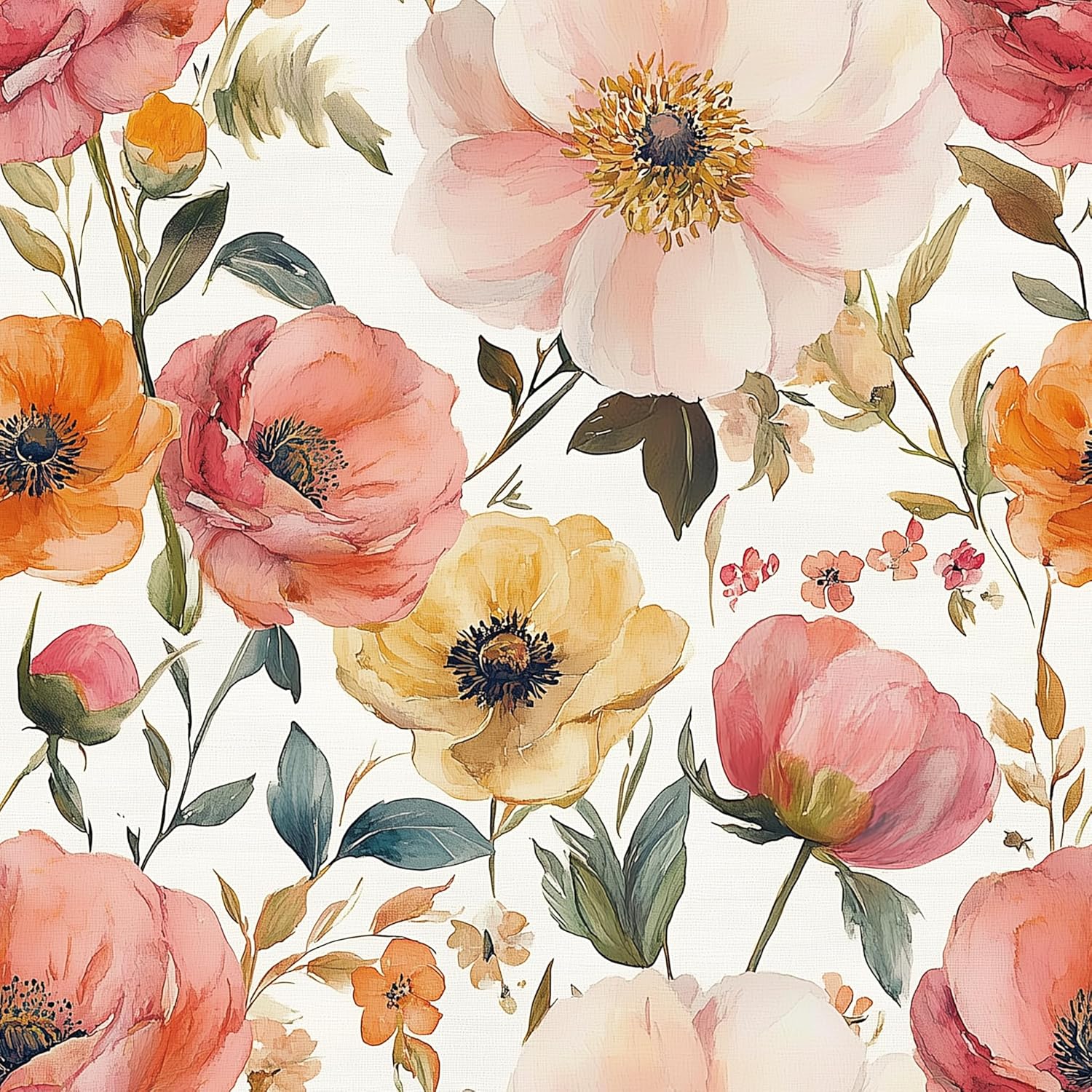 Watercolor Poppy Floral Wallpaper Peel and Stick Removable 17.7" x 236.22" Romantic Vintage Botanical Wall Paper Self Adhesive for Classroom Bedroom Laundry Room Bathroom