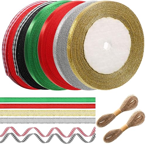 Juego de 6 rollos de cinta de cuadros de 150 yardas, 2 cintas de borde a cuadros, 2 cintas metálicas con purpurina, 2 cintas de satén, 2 rollos de