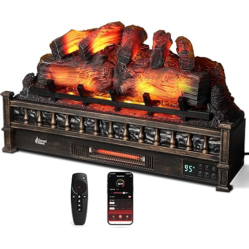 TURBRO Eternal Flame 30 in. WiFi Infrared Quartz Electric Fireplace Log Heater with Sound Crackling, Realistic Pinewood Logs, Adjustable Flame Colors, Remote Control, Thermostat, Timer, 1500W, Bronze