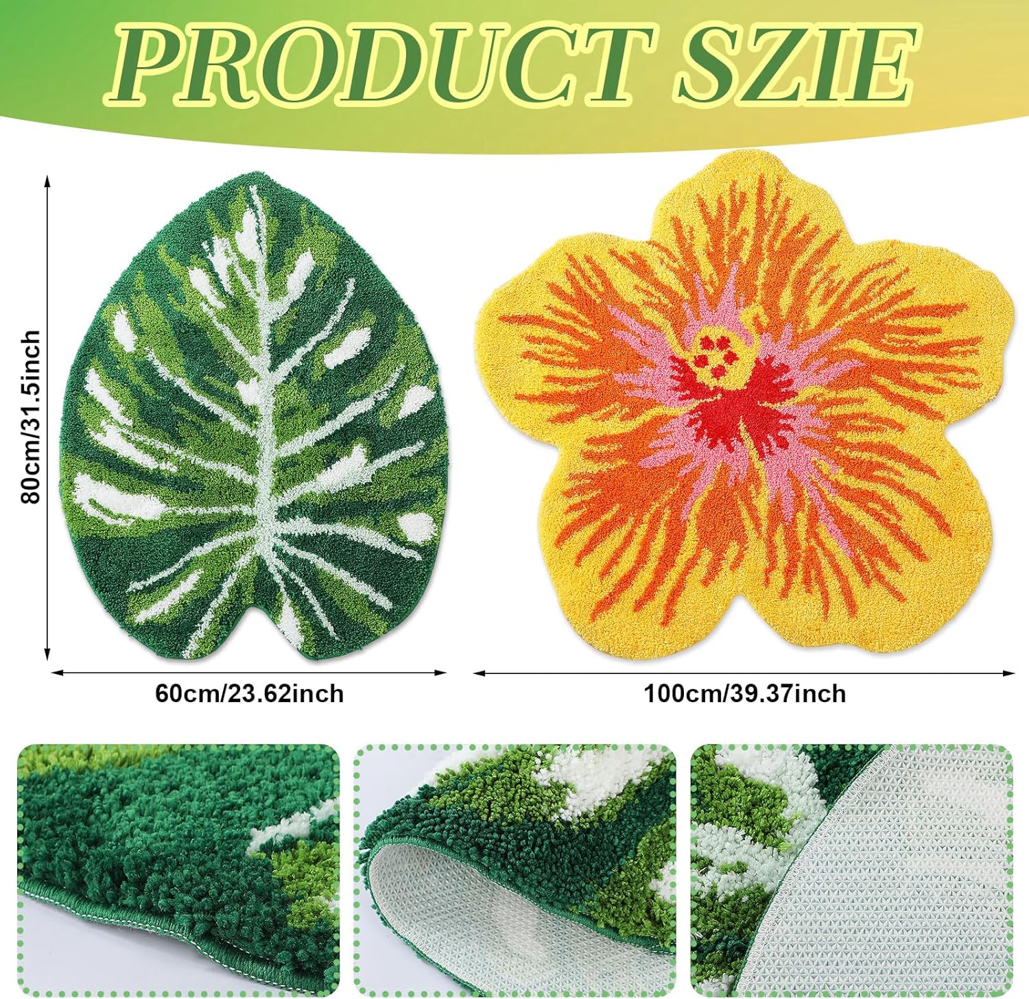 Breling 2 Pcs Cute Bathroom Rugs 23.5" x 31.5" Monstera Bath Mat and 39" x 39" Hibiscus Flower Bedroom Rug Non Slip Washable Cute Summer Mat for Home Bathroom Living Room Decoration