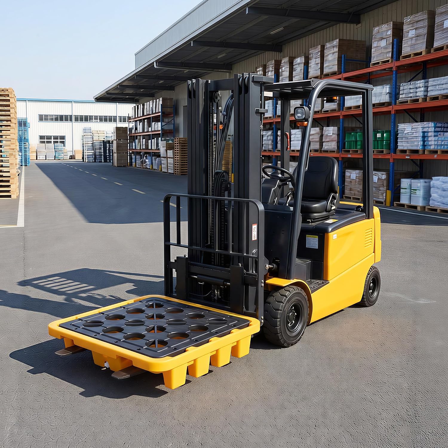 Spill Containment Pallet | 28.35x28.35x6.3 in | Industrial Stackable Modular with Grating & Drain Outlet, Yellow