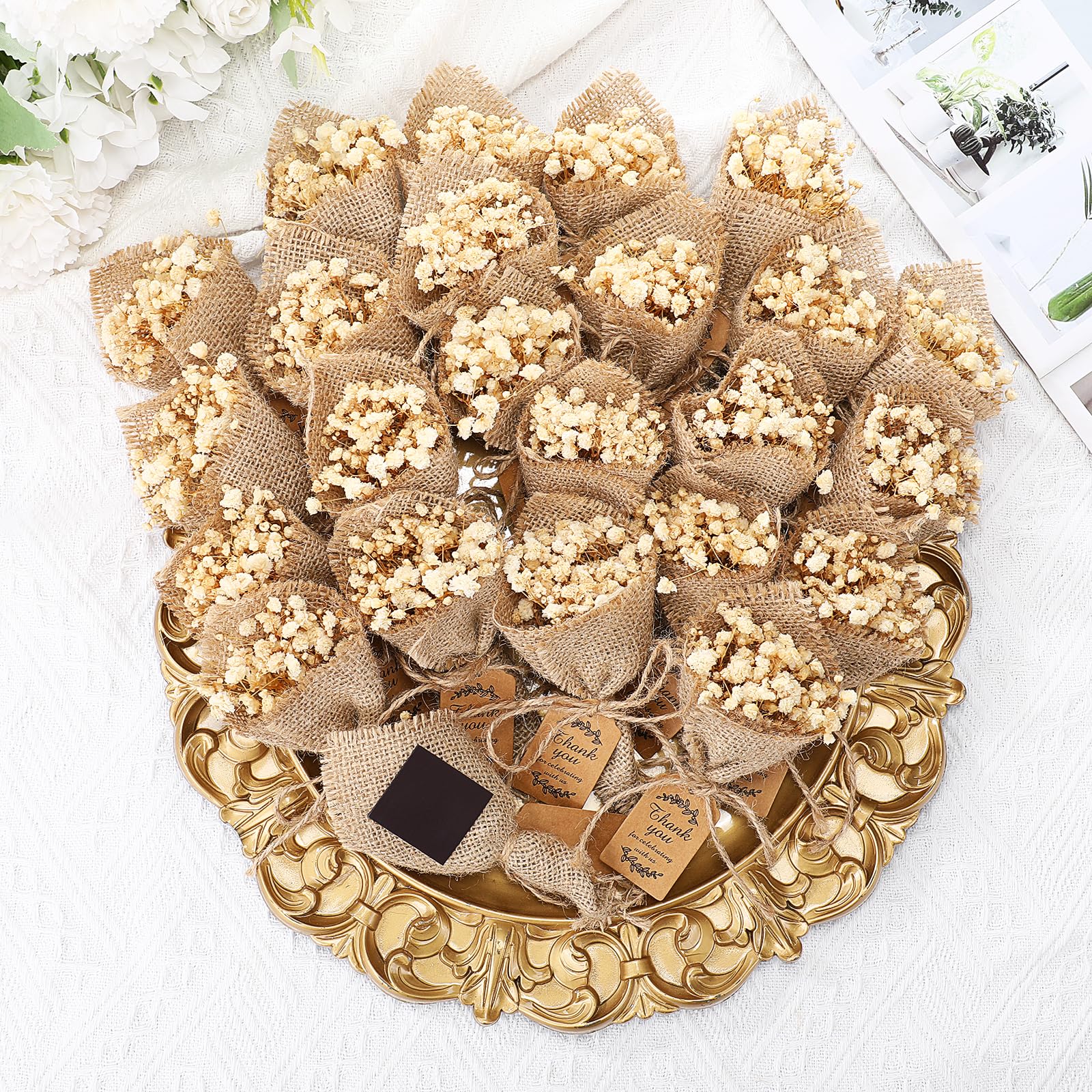 Kingdder 24 Pcs Mini Magnet Dried Flower Bouquets Baby Shower Favors for Guests Rustic Babys Breath Bridal Shower Wedding Baptism Favors with Thank You Cards Return Gifts Wedding Souvenir(White)-image-15