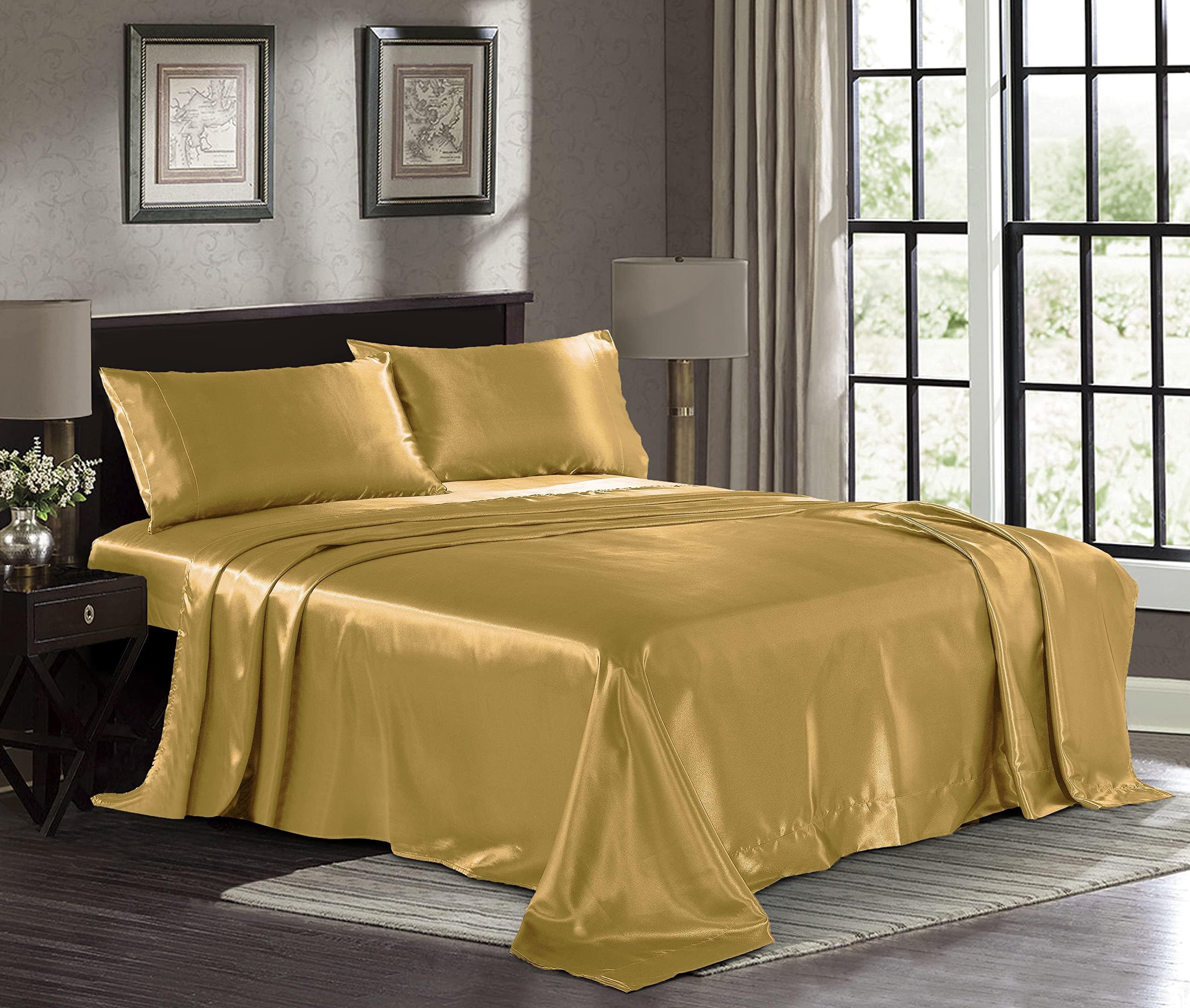 Satin Sheets Queen [4-Piece, Gold] Hotel Luxury Silky Bed Sheets - Extra Soft 1800 Microfiber Sheet Set, Wrinkle, Fade, Stain Resistant - Deep Pocket Fitted Sheet, Flat Sheet, Pillow Cases