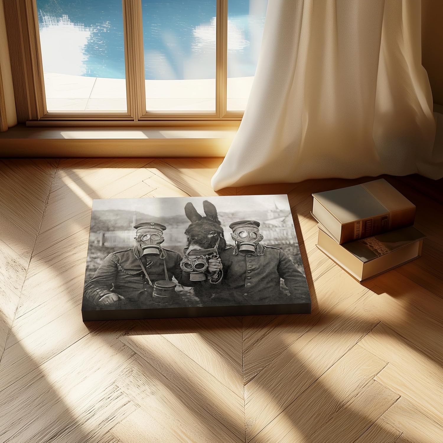 Poster Master Donkey And Two Soldiers Canvas - Retro World War Print - Photography Art - Black & White Design - Great Living Room or Office Wall Decor - 8x10 STRETCHED Canvas