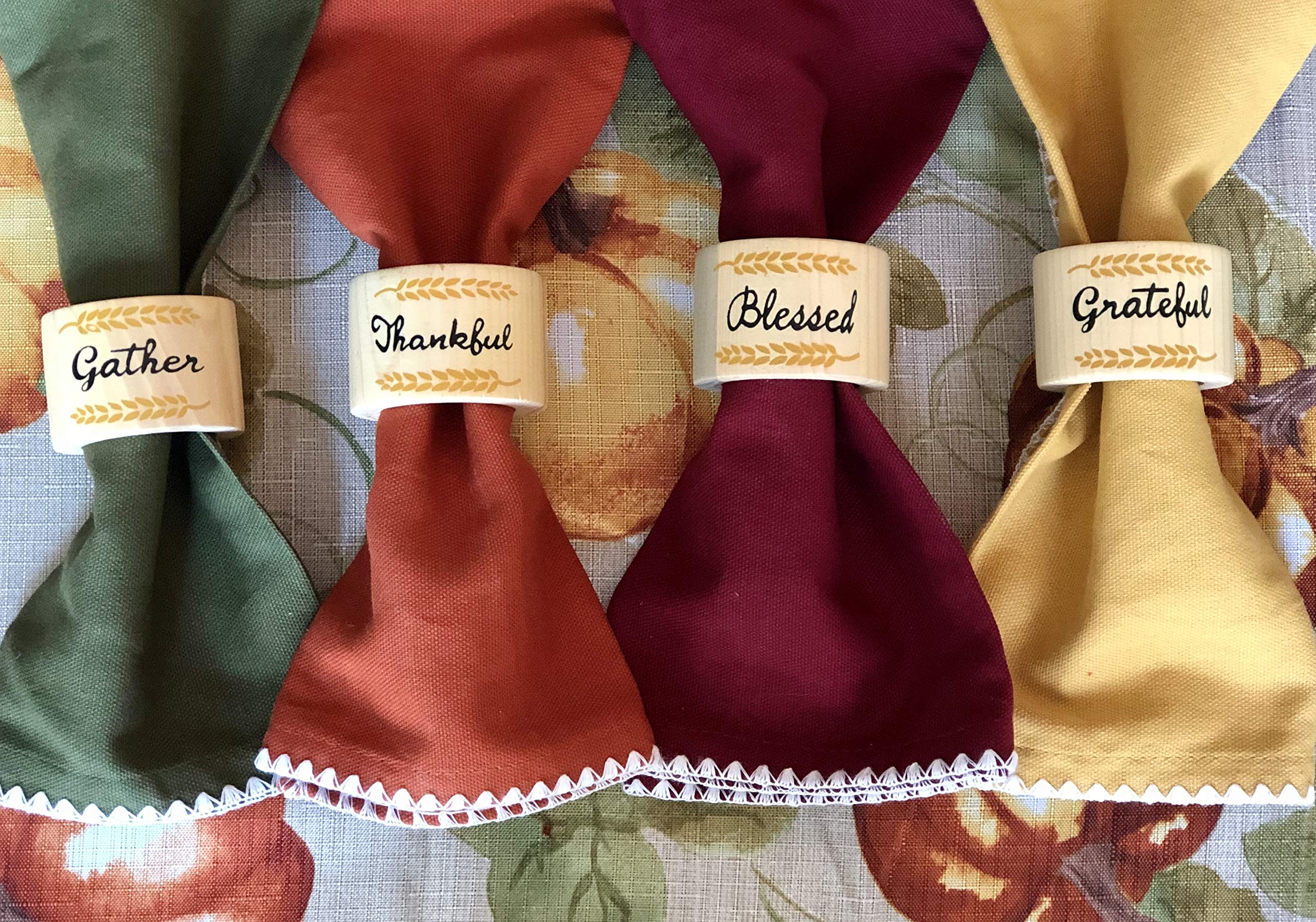Nantucket Wooden -Grateful-Blessed-Gather-Thankful- Napkin Rings Autumn Fall Halloween Thanksgiving