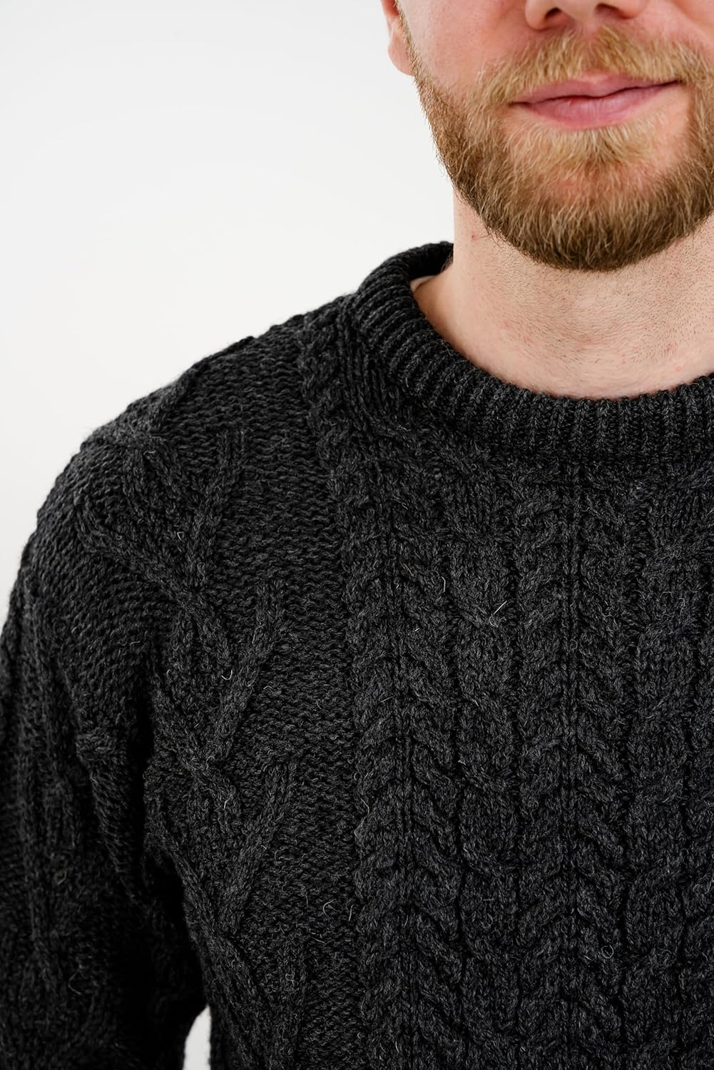SAOL 100% Merino Wool Men's Irish Traditional Aran Crew Neck Cable Knit Sweater Pullover (Charcoal, XXXLarge) - Image 5