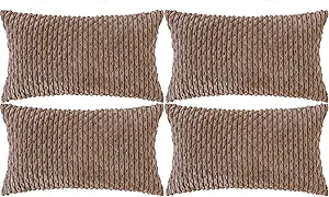 Set of 4 Light Brown Decorative Throw Pillow Covers 12x20 Inch Corduroy Pillow Covers for Bed Couch Sofa Living Room Soft Cushion Cases