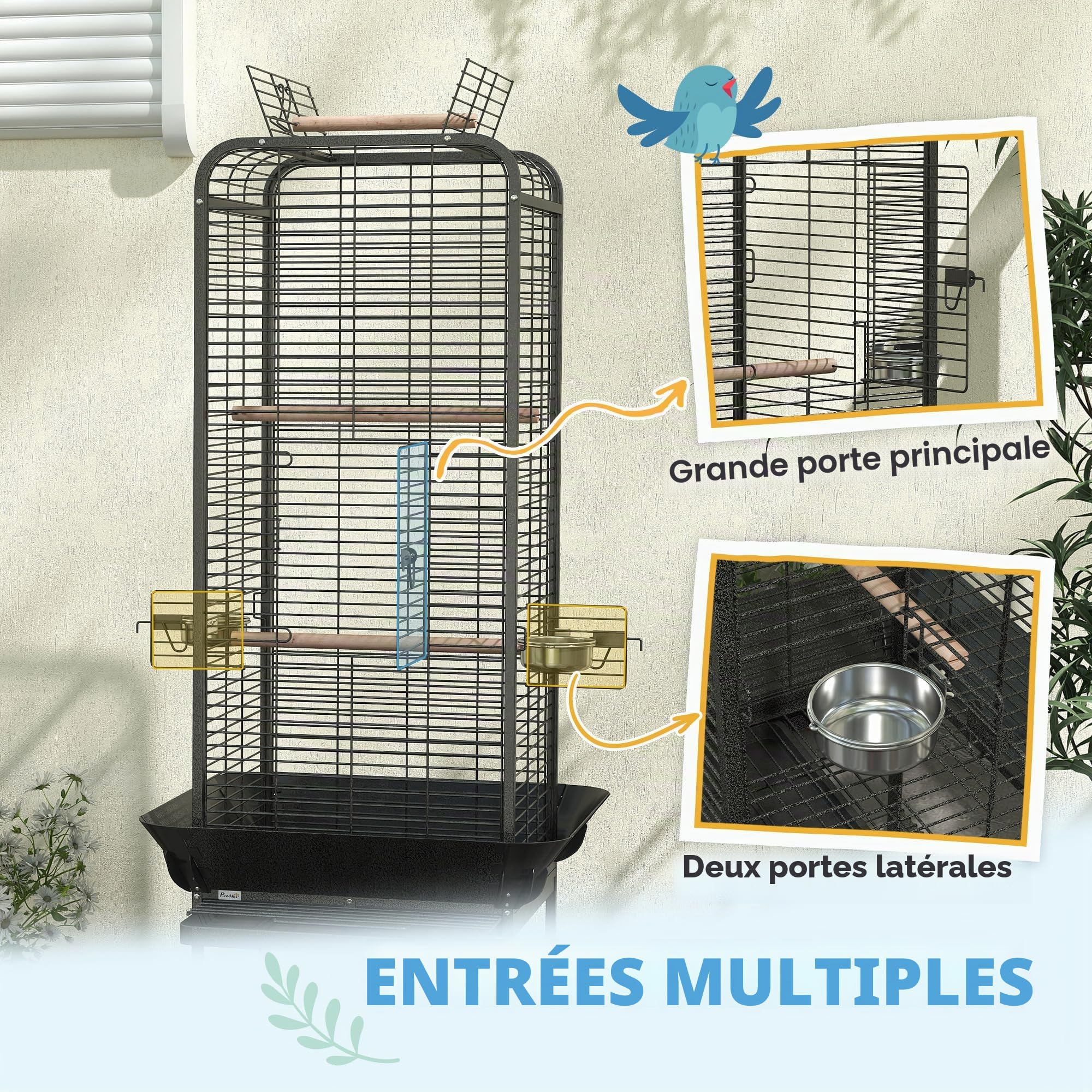 PawHut Cage à Oiseaux 62,5x62,5x146 cm Gris foncé | Roues, perchoirs, mangeoires, étagère, bac amovible, pour cacatoès & perroquets