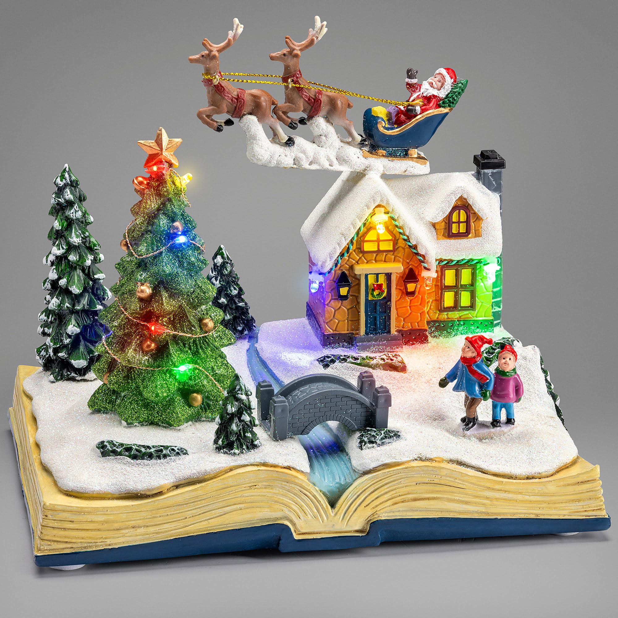 CHRISTOW Christmas Village Scene with Music, Light Up LED Santa & Reindeer Decoration, Polyresin Festive Ornament, Plays 8 Musical Xmas Song, Battery or Mains Operated (H16cm x W21cm x D14cm)