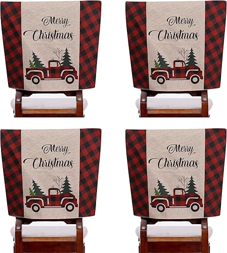 4 fundas para sillas de Navidad, de arpillera, búfalo, a cuadros, para automóvil, árbol de Navidad, decoración para Navidad, comedor, cocina,