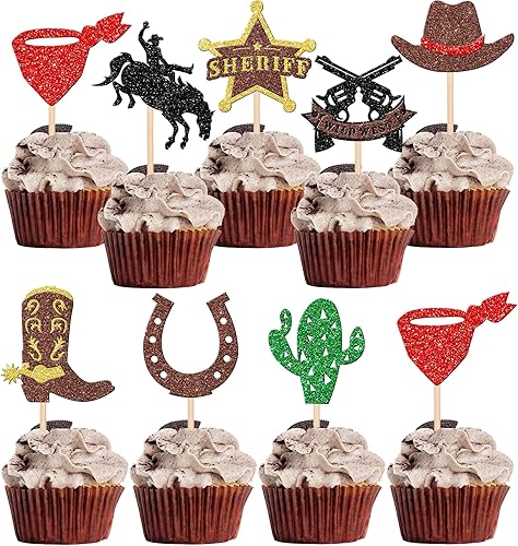 Miniatura 1 de Rsstarxi Paquete de 24 adornos para cupcakes del oeste, decoraciones para cupcakes de vaquero, sombreros de vaquero con purpurina, botas, decoración