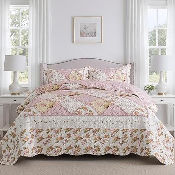 Etwel Lightweight Patchwork Queen Size Quilt Set - Breathable Reversible Cotton Bedspread for Hot Sleepers, Farmhouse Floral Bedding Set with 2 Pillow Shams for All Season 90"x98", Pink Flower