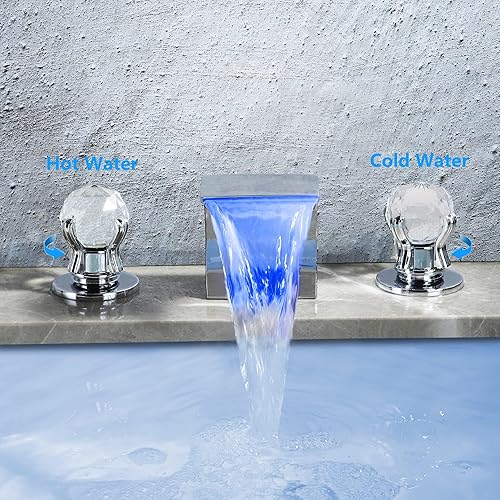 Miniatura 5 de Grifo de baño tipo cascada de 3 agujeros LED para lavabo de baño, grifo de tocador moderno de 8 pulgadas con 2 manijas de cristal y mangueras de