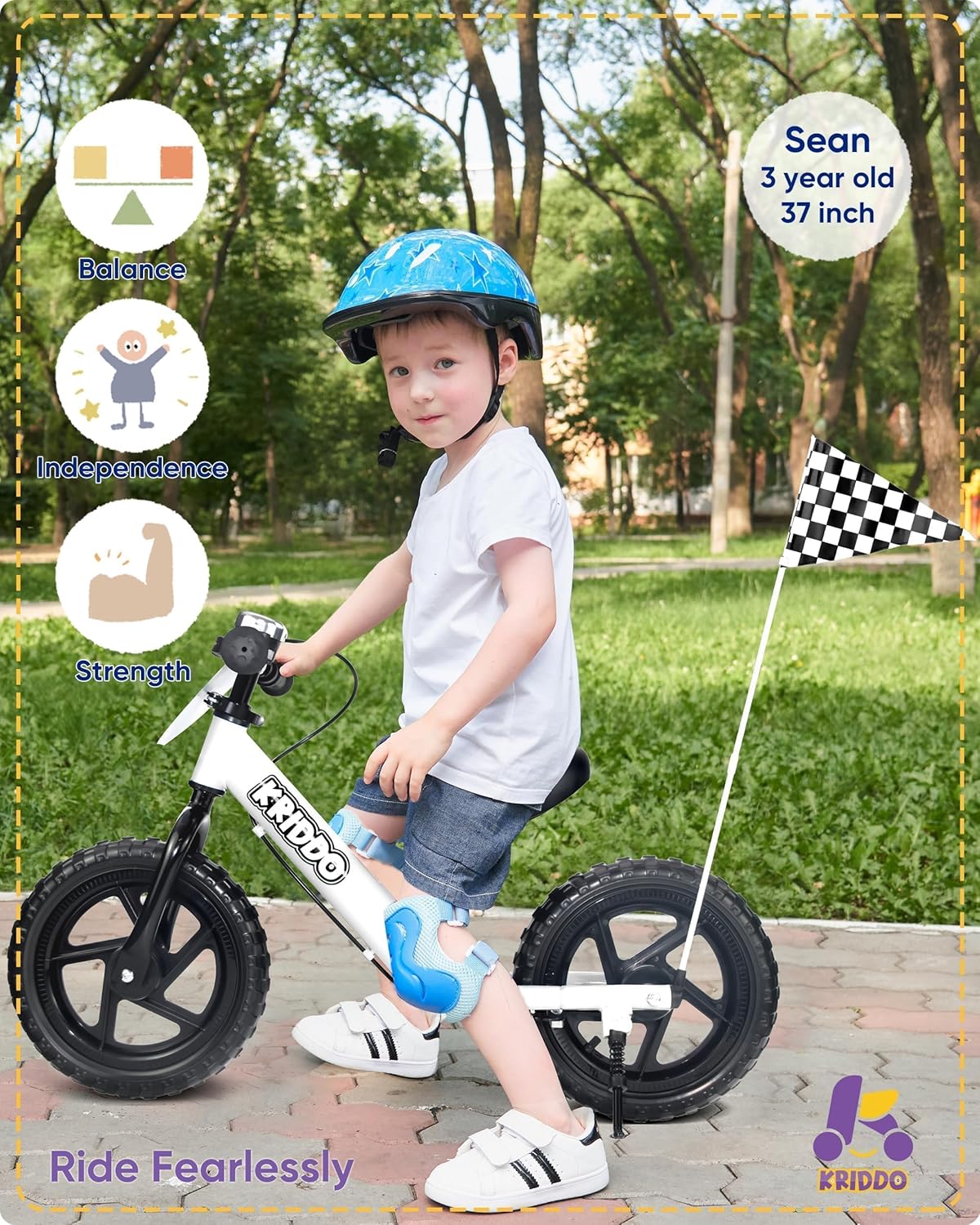 KRIDDO Pro Toddler Balance Bike 2+ Year Old with Hand Brake and Kickstand, 12 Inch Push Bicycle, Gift Bike for 2-5 Boys Girls, White