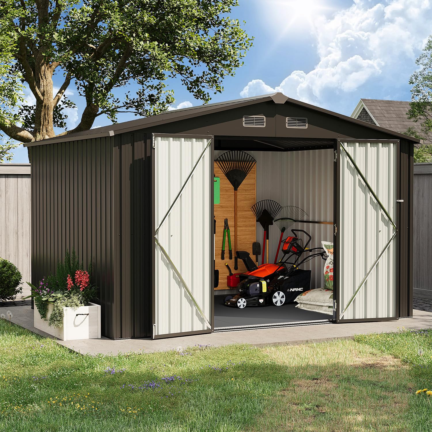 8' x 10' Outdoor Storage Shed with Lockable Door and Plastic Floor - Durable Metal Tool Shed for Garden, Backyard, and Poolside, Black