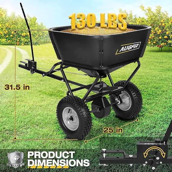 AugFir Tow Behind Broadcast Spreader, 130 LBS Capacity Lawn Fertilizer Spreader for Riding Mower, ATV, UTV & Tractor, 12 FT Spread Width Pull Behind Spreader Seeder for Grass Seed, Salt, Ice Melt